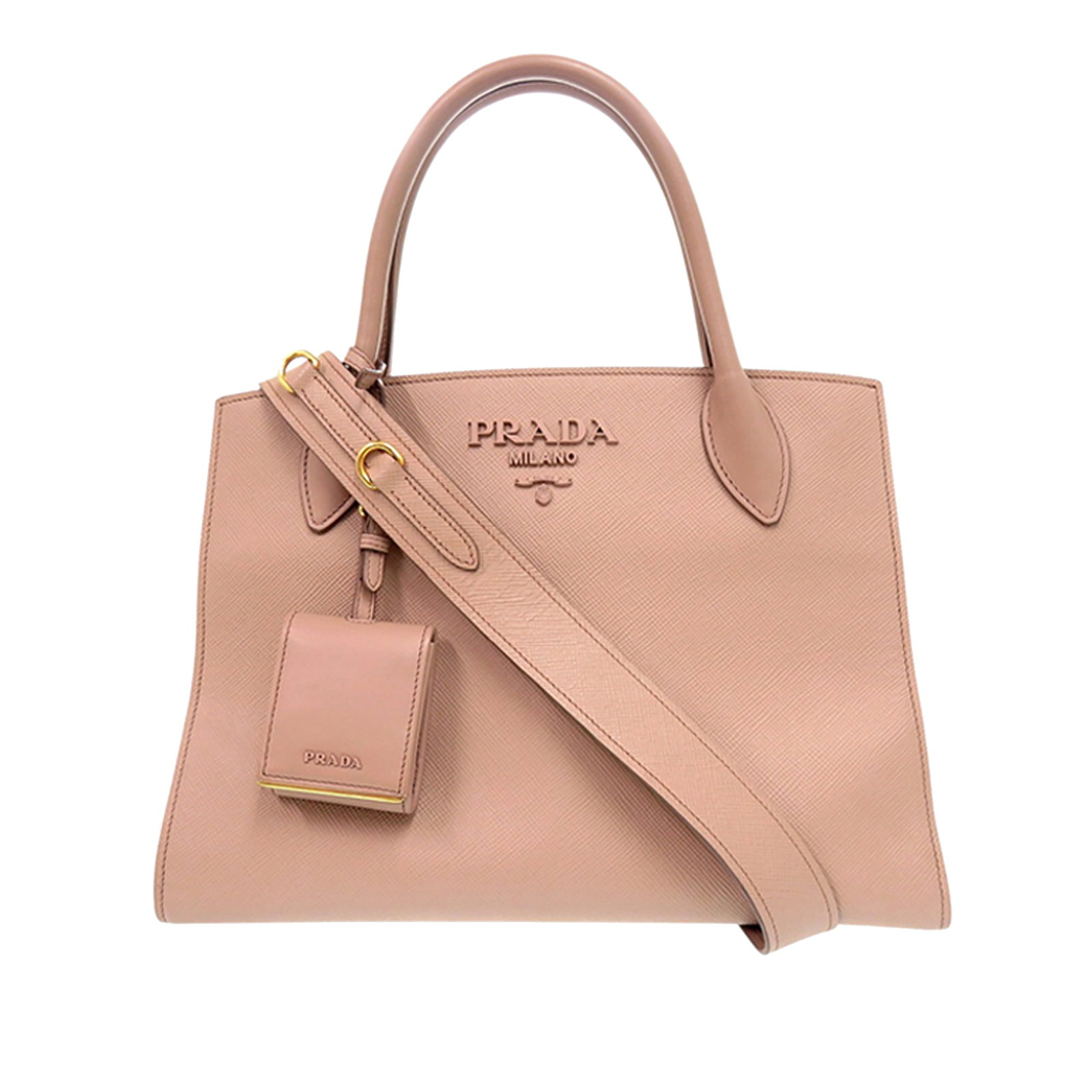 Prada Monochrome Saffiano Leather Top Handle Tote Medium: Prada Monochrome Saffiano Leather Top Handle Tote Medium This Prada Medium Saffiano Cuir Monochrome Top Handle Tote is crafted from saffiano leather in a brown hue. It features rolled leather handles,