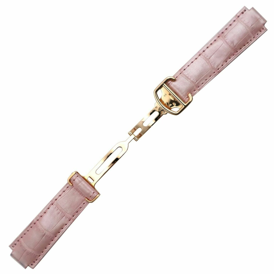 Cartier Pink Alligator Leather Strap 20-18mm Rose Gold Deployant Buckle: Cartier Pink Alligator Leather Strap 20-18mm Rose Gold Deployant Buckle Elevate your timepiece with this exquisite pre-owned Cartier wristwatch band, crafted from luxurious pink alligator leather. Thi