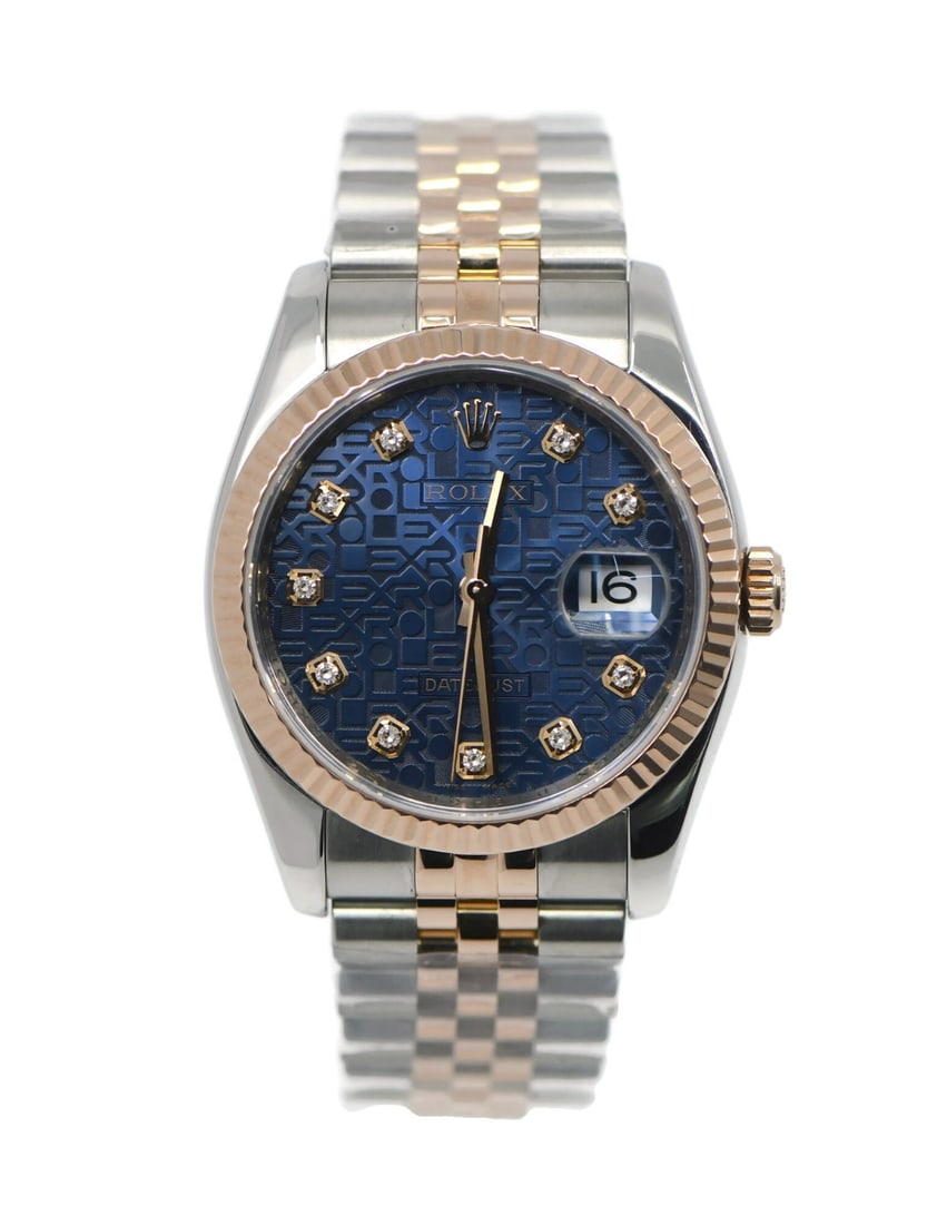 Rolex Datejust 116231 Diamond Marker Automatic Watch 18K Steel: Rolex Datejust 116231 Diamond Marker Automatic Watch 18K Steel This Rolex Datejust wristwatch features a 36mm polished stainless steel case with an 18K bezel adorned with diamonds. The blue dial is ac