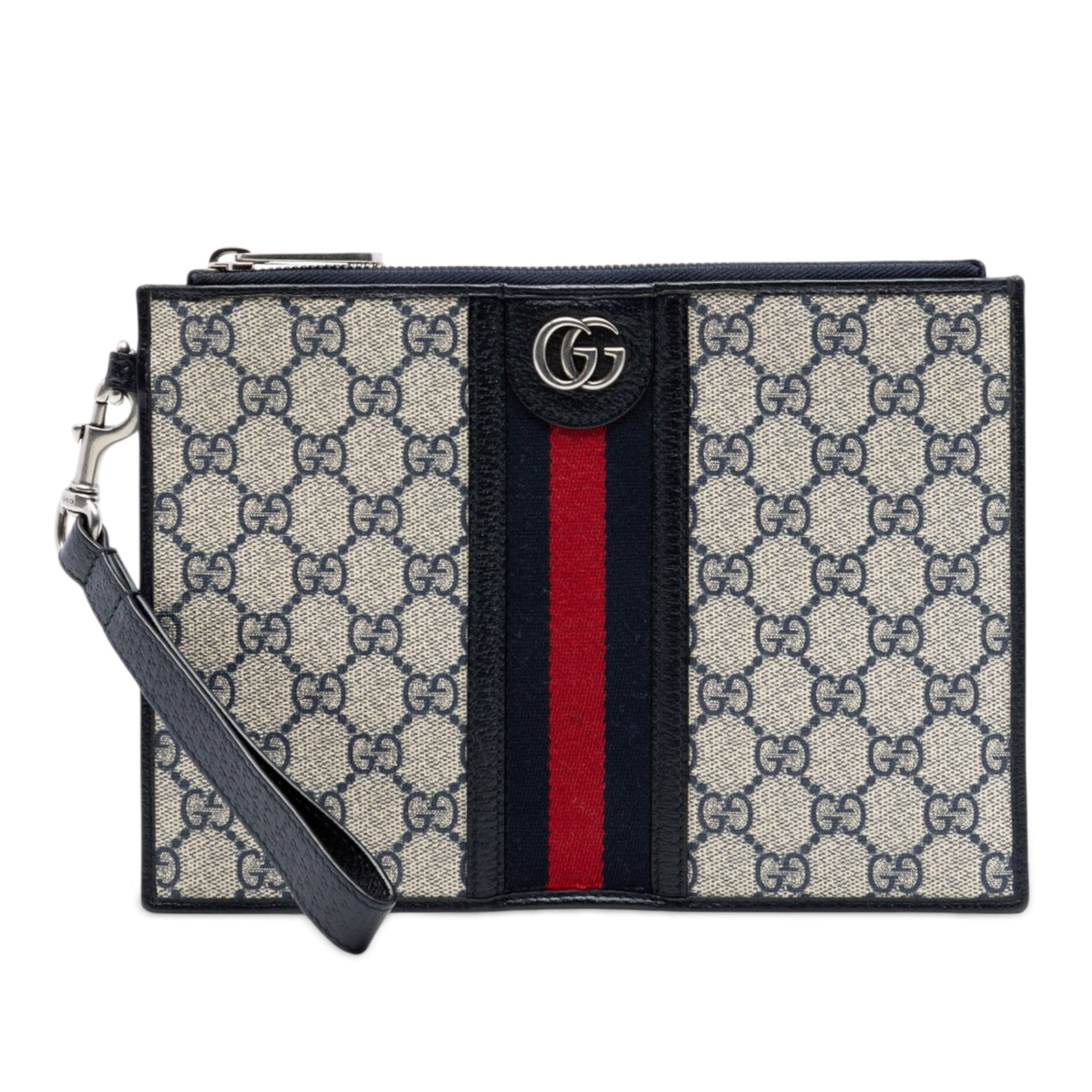 Gucci Ophidia GG Supreme Wristlet Clutch Bag: Gucci Ophidia GG Supreme Wristlet Clutch Bag This Gucci GG Supreme Web Ophidia Clutch is crafted from coated canvas with the brand's iconic web detail. It features a detachable flat wrist strap, a top