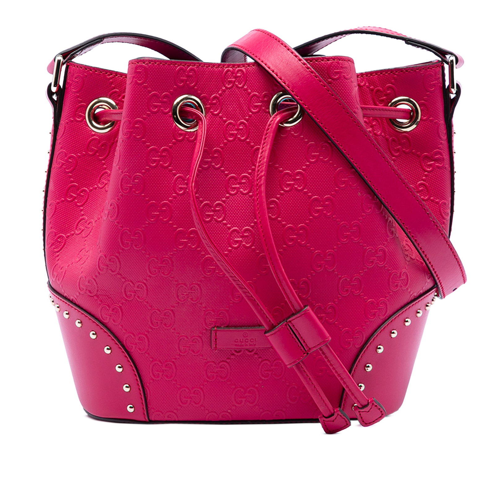 Gucci Guccissima Bright Studded Pink Leather Bucket Bag: Gucci Guccissima Bright Studded Pink Leather Bucket Bag This Guccissima Bright Studded Bucket Bag features an embossed pink leather body with studded accents, an adjustable flat leather shoulder strap