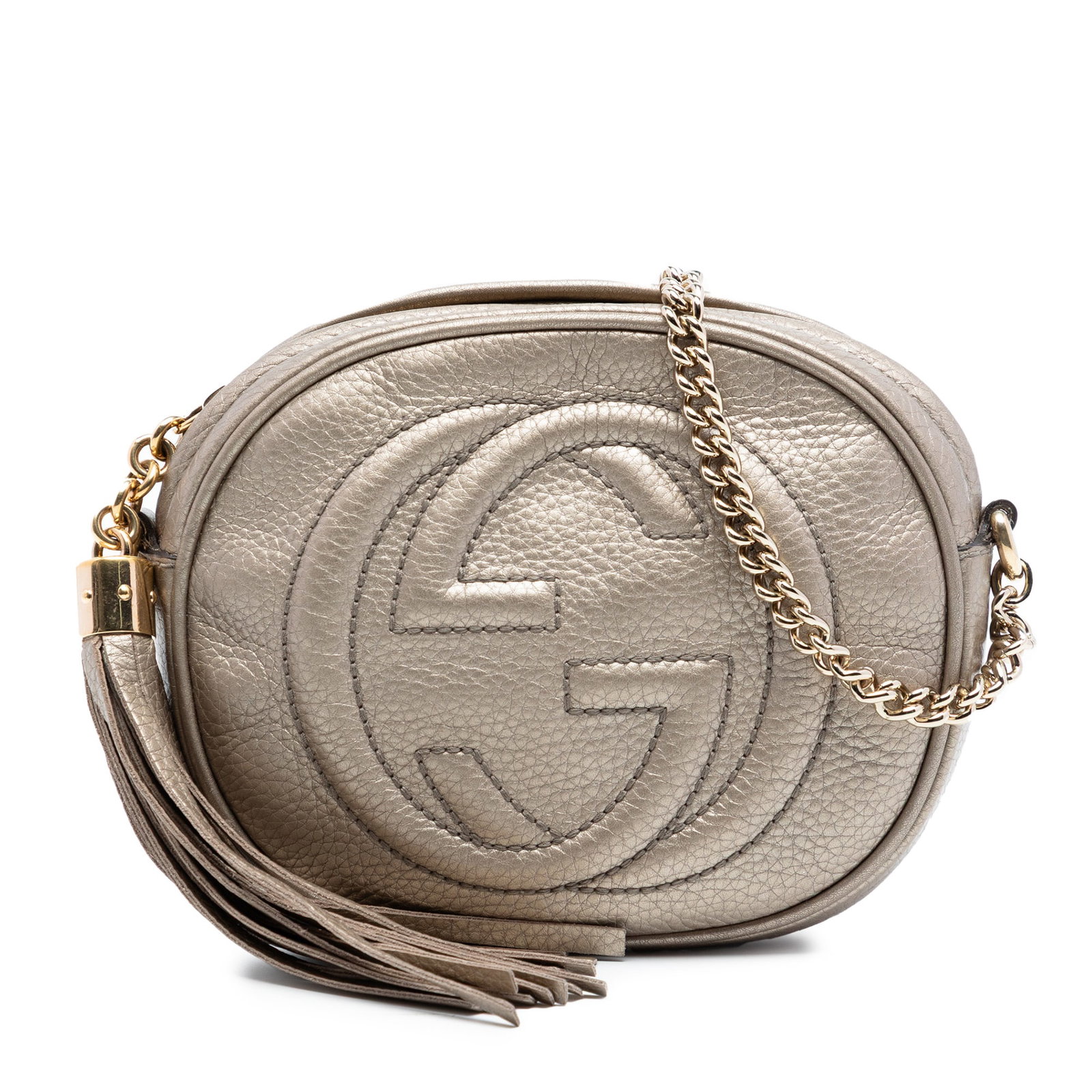 Gucci Soho Mini Gold Leather Chain Strap Crossbody Bag: Gucci Soho Mini Gold Leather Chain Strap Crossbody Bag This Gucci Mini Metallic Pebbled Calfskin Soho Chain Crossbody features a metallic leather body, a chain link strap, a top zip closure with tasse