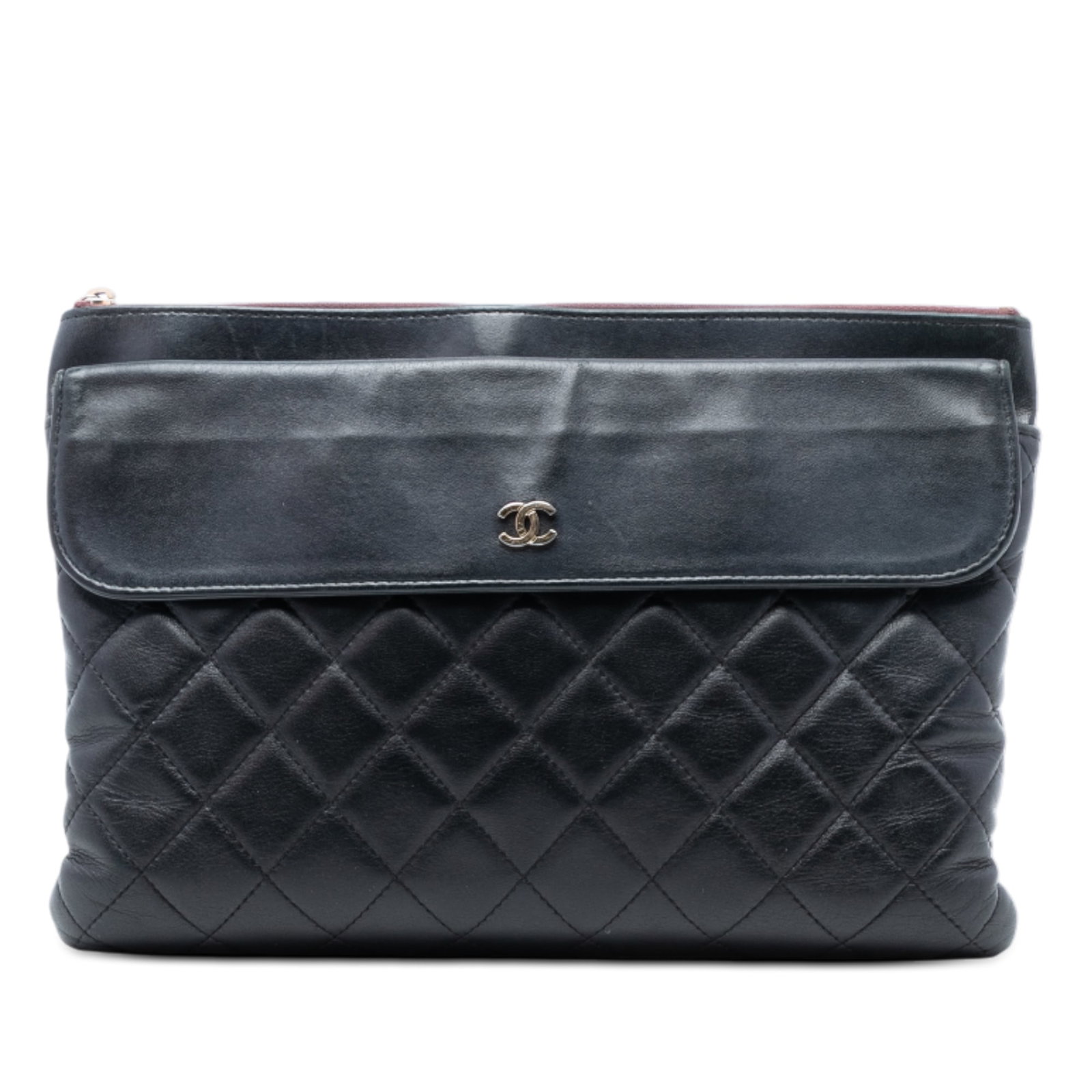Black Lambskin Cosmetic Clutch with Flap Pocket by Chanel Medium CC: Black Lambskin Cosmetic Clutch with Flap Pocket by Chanel Medium CC This Chanel Medium CC Quilted Lambskin Flap Cosmetic Case features a quilted lambskin leather exterior in black with a top zip closu