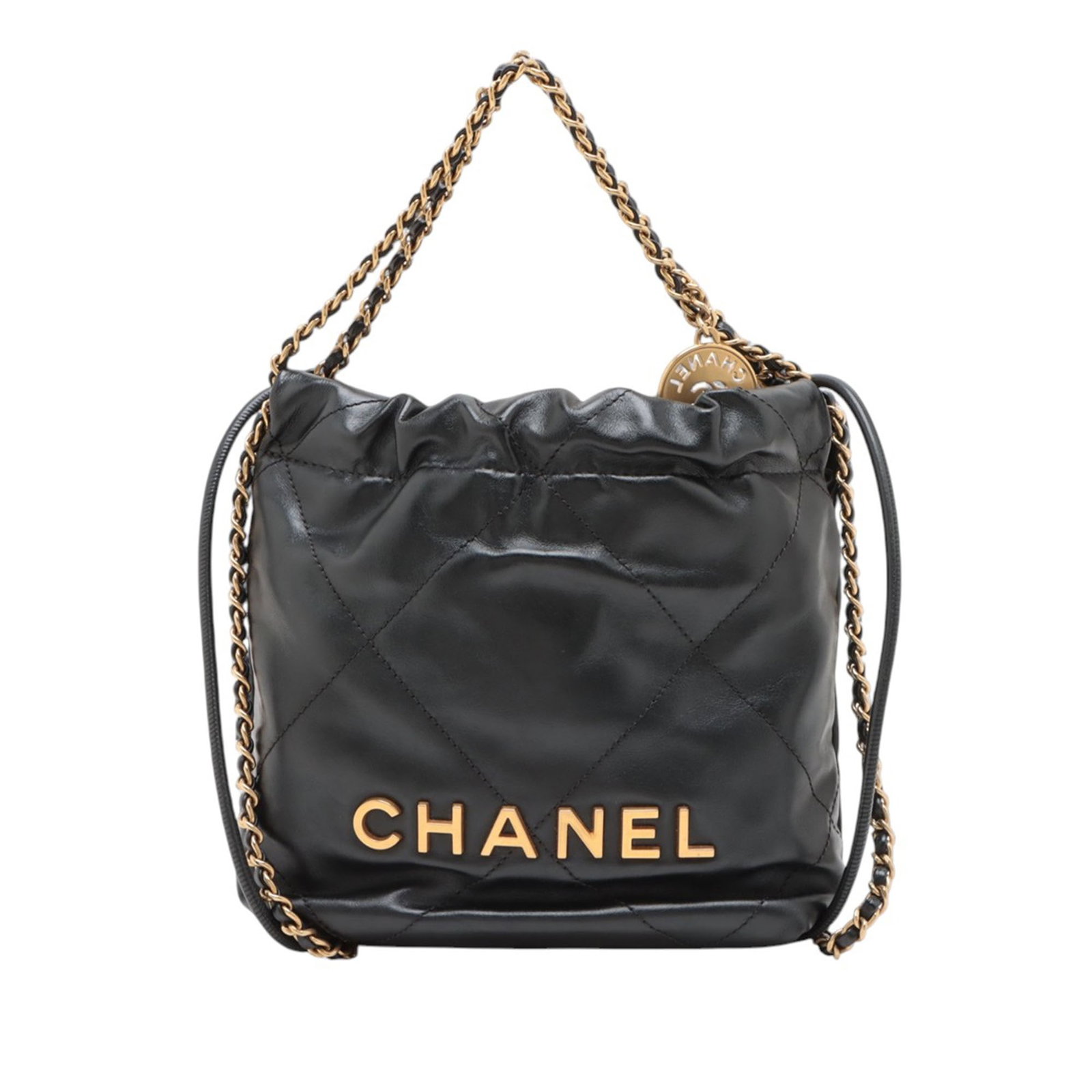 Chanel Mini Shiny Calfskin 22 Quilted Leather Satchel Black: Chanel Mini Shiny Calfskin 22 Quilted Leather Satchel Black This Chanel Mini Shiny Calfskin 22 Handbag features a quilted leather body, leather woven chain straps, a rolled leather shoulder strap, an 