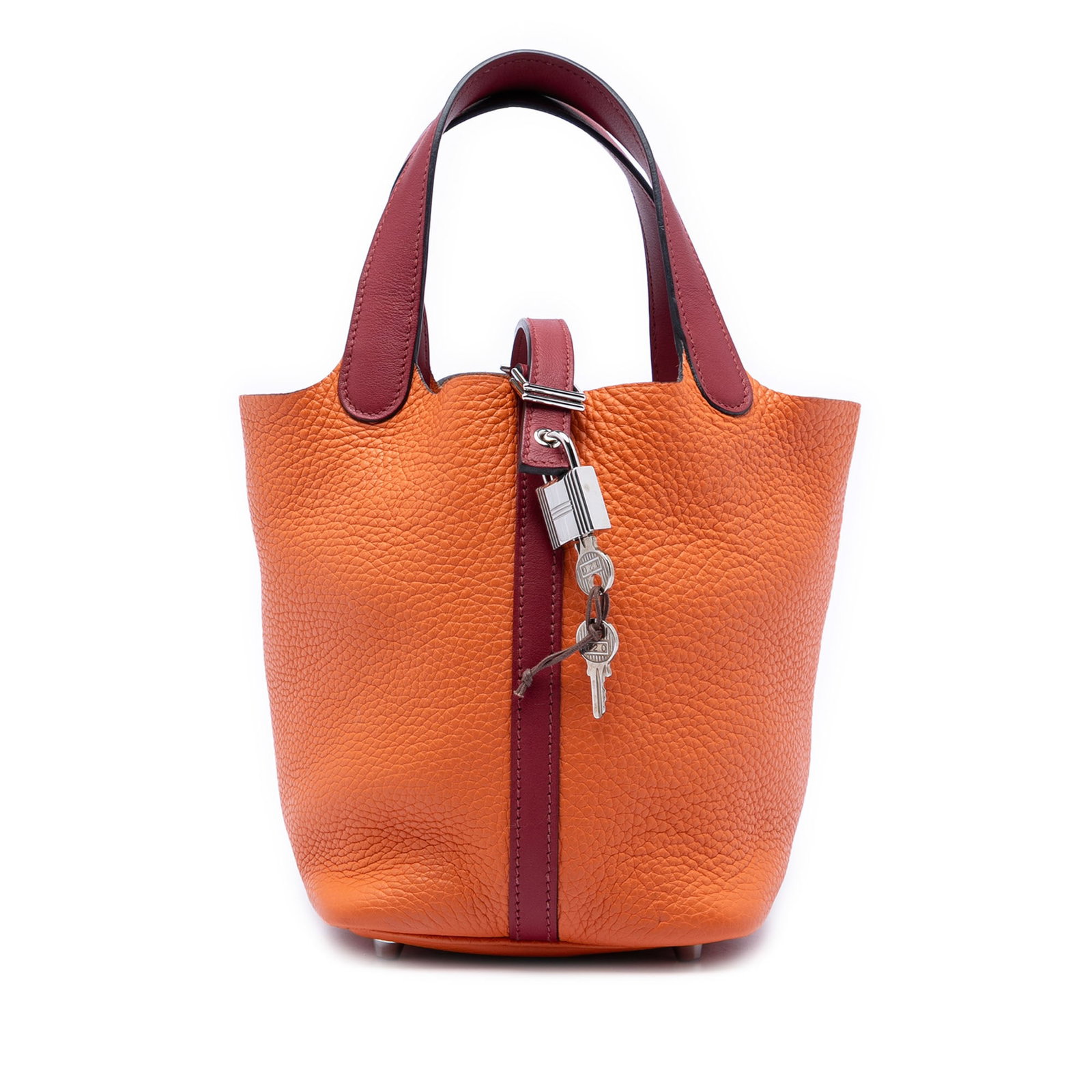 Hermes Picotin Lock 18 Bicolor Clemence Swift Leather Bag Orange Rubis: Hermes Picotin Lock 18 Bicolor Clemence Swift Leather Bag Orange Rubis This Hermes Picotin Lock 18 bag showcases a bicolor design crafted from Clemence leather with Swift leather trim in Orange and Ru