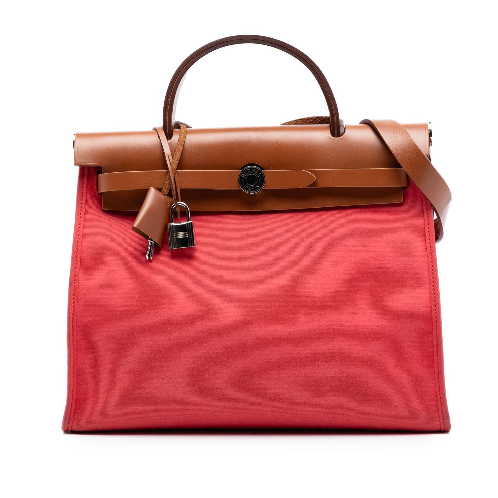 Herbag Zip 31 Red Canvas Shoulder Bag with Leather Trim by Hermes: Herbag Zip 31 Red Canvas Shoulder Bag with Leather Trim by Hermes This Hermes Herbag Zip 31 features a red canvas body with leather trim, a flat leather top handle, and a flat leather shoulder strap. 