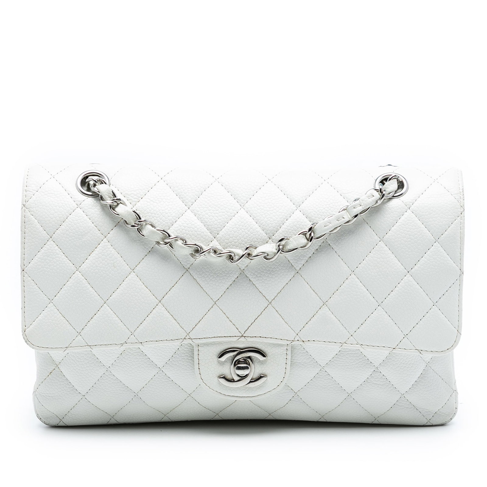 White Chanel Medium Classic Caviar Leather Double Flap Shoulder Bag: White Chanel Medium Classic Caviar Leather Double Flap Shoulder Bag This Chanel Medium Classic Caviar Double Flap shoulder bag features a quilted caviar leather body in white, leather-woven chain stra