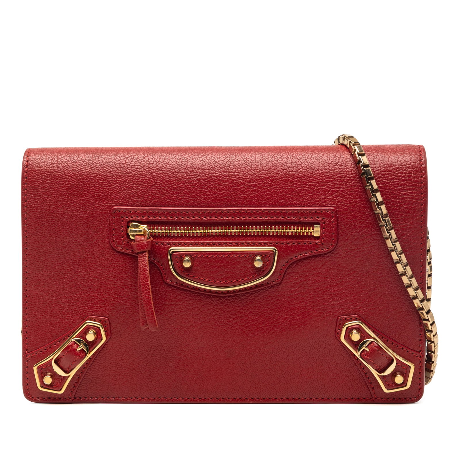 Balenciaga Red Goatskin Chain Wallet with Metallic Edge: Balenciaga Red Goatskin Chain Wallet with Metallic Edge This Balenciaga Goatskin Motocross Metallic Edge Wallet on Chain features a red goatskin leather body accented with gold-tone hardware and a mat