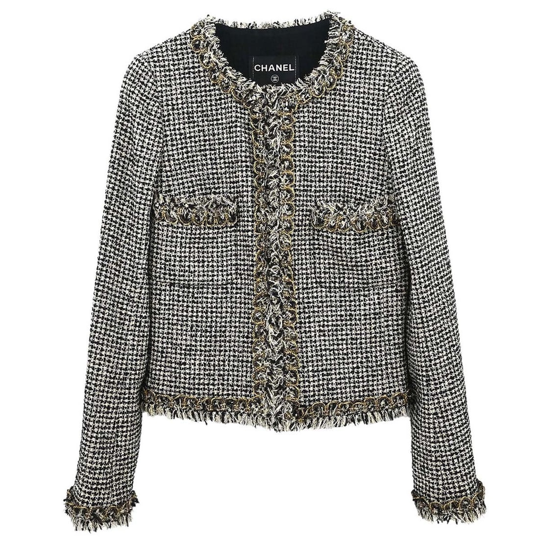 CHANEL black tweed women s jacket FR 34 button front: CHANEL black tweed women s jacket FR 34 button front This Chanel single-breasted, collarless tweed jacket features a sophisticated black design crafted from a luxurious blend of wool, rayon, nylon, si
