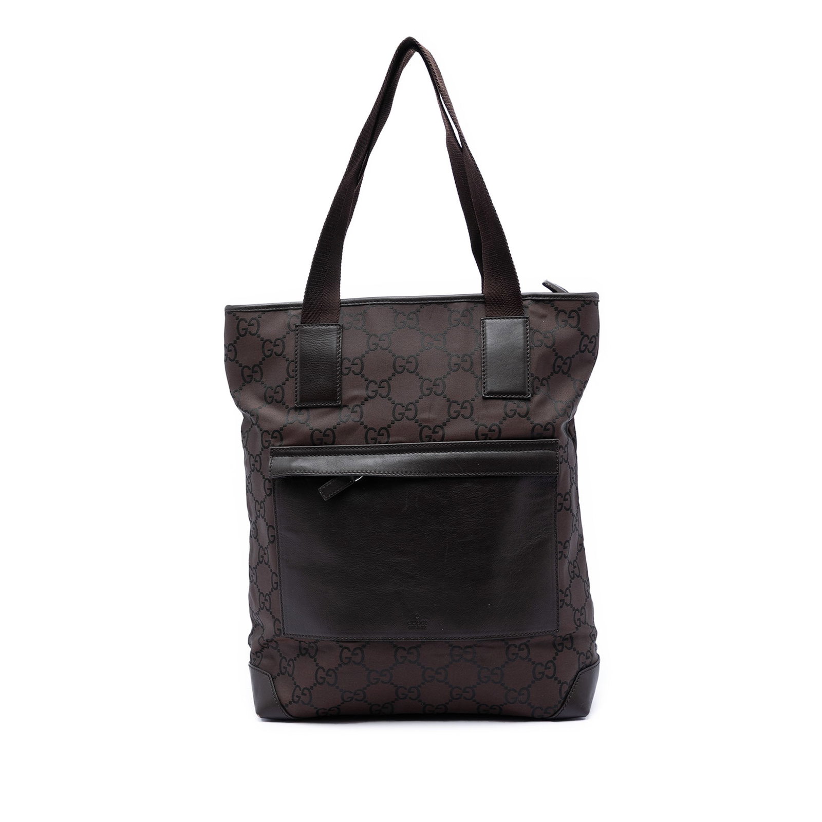 Gucci Brown Nylon Tote Bag GG Italy Leather Trim: Gucci Brown Nylon Tote Bag GG Italy Leather Trim This Gucci GG Nylon Tote features a durable nylon body accented with leather trim. It is designed with flat straps for comfortable carrying, a top zip 