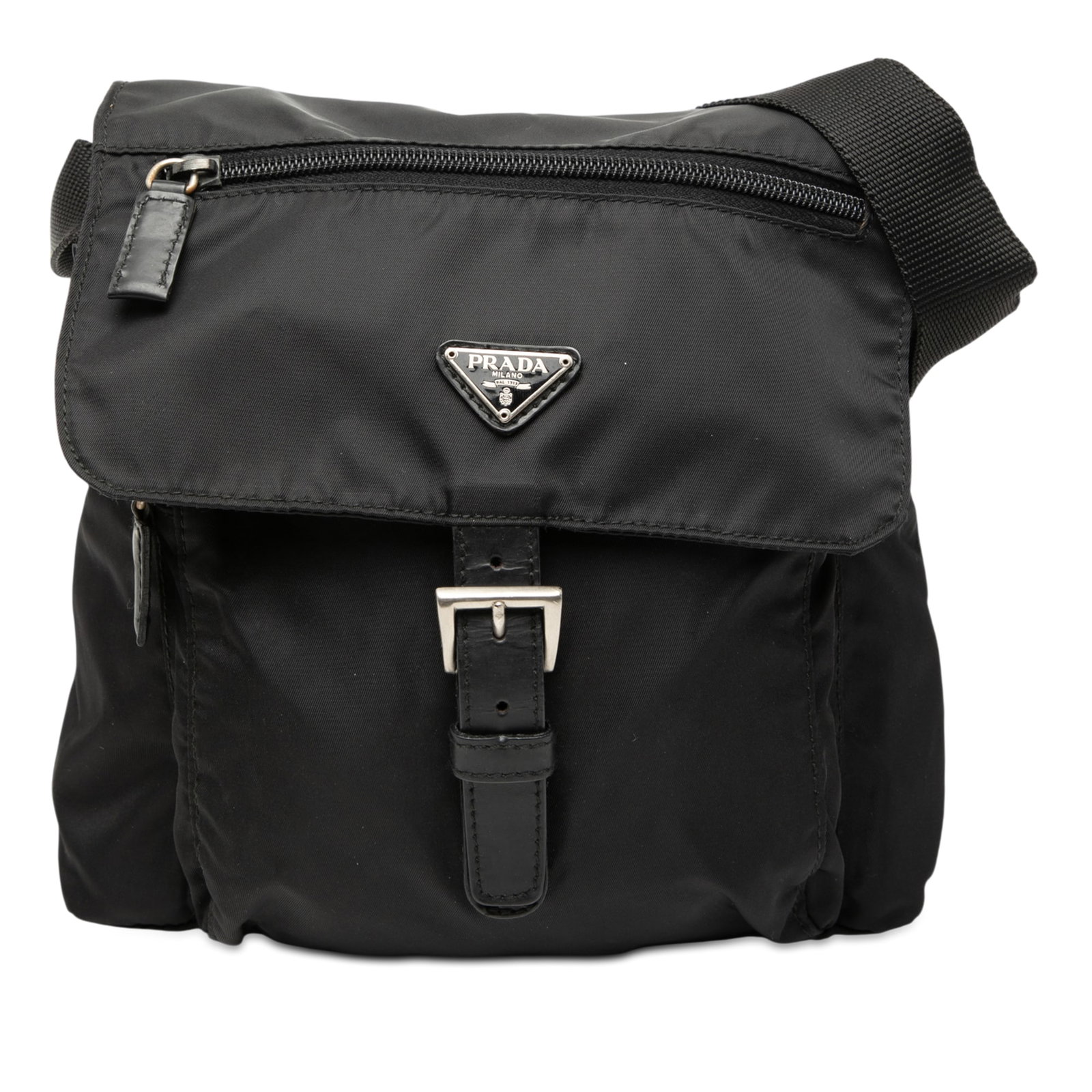 Prada Tessuto Black Nylon Messenger Bag with Zip and Buckle Closure (1 of 6)