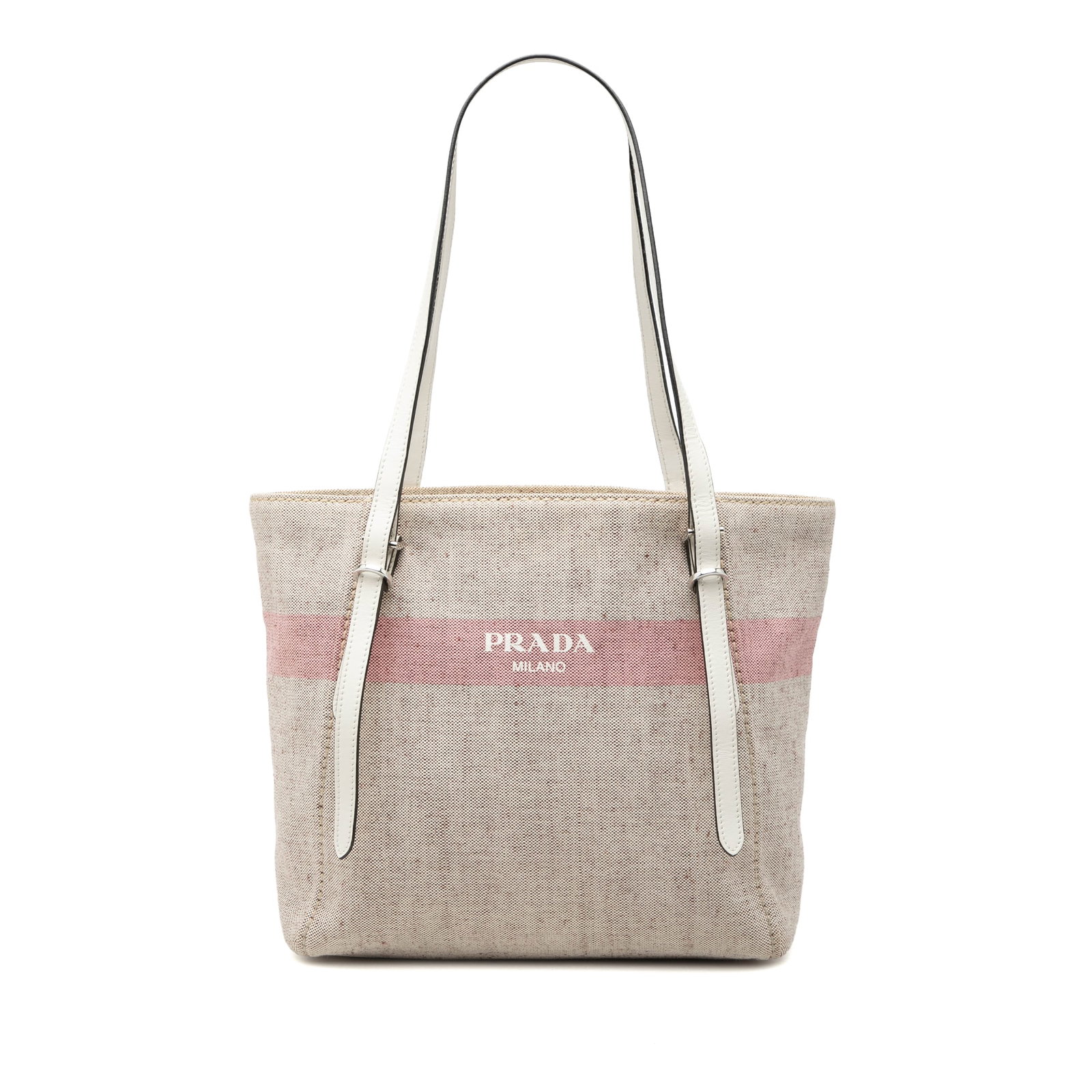 Prada beige canvas shopper tote with leather straps and zip pouch (1 of 7)