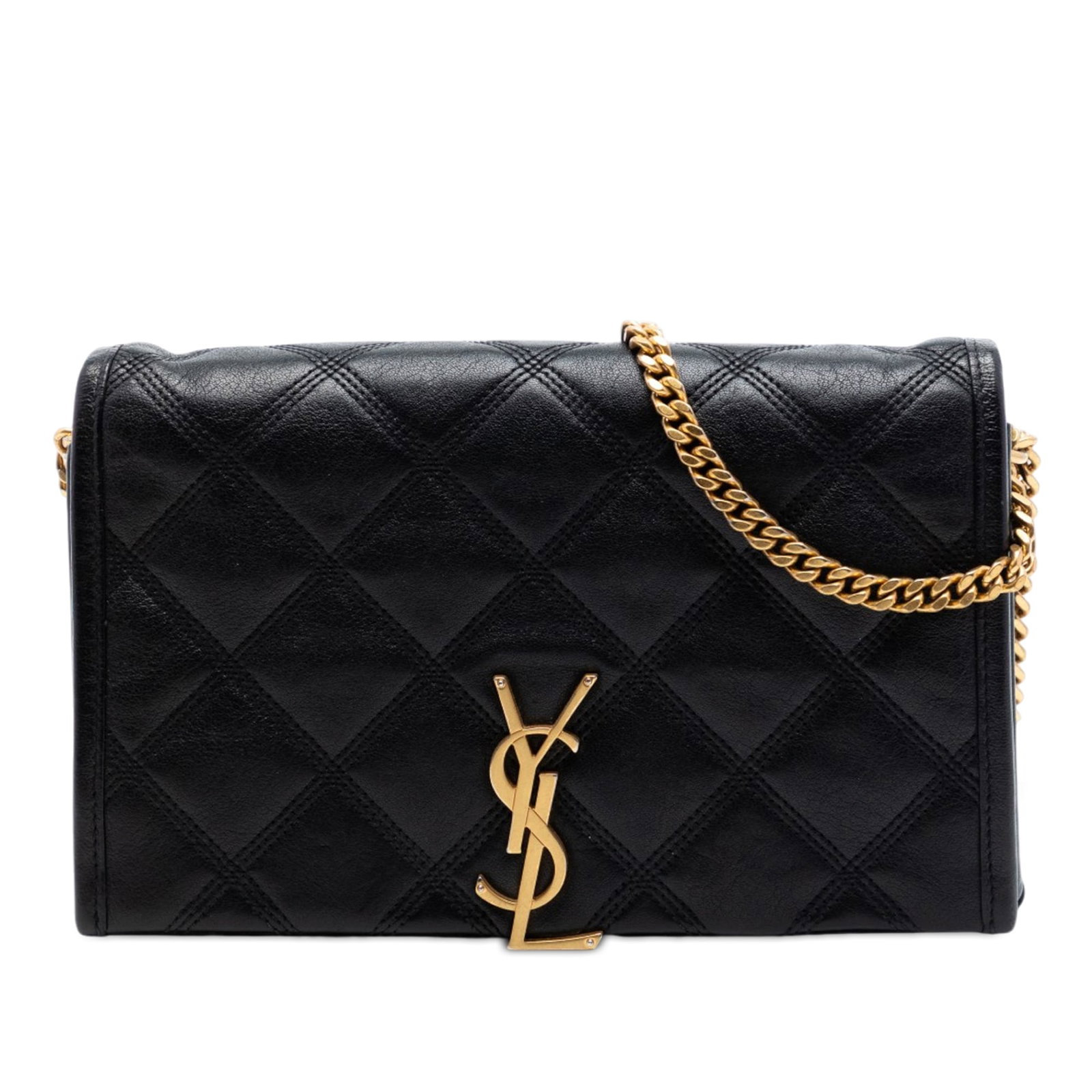 Saint Laurent Becky quilted lambskin chain wallet bag: Saint Laurent Becky quilted lambskin chain wallet bag This Saint Laurent Quilted Diamond Lambskin Becky Wallet on Chain features a luxurious black quilted lambskin leather exterior, a chain-link strap