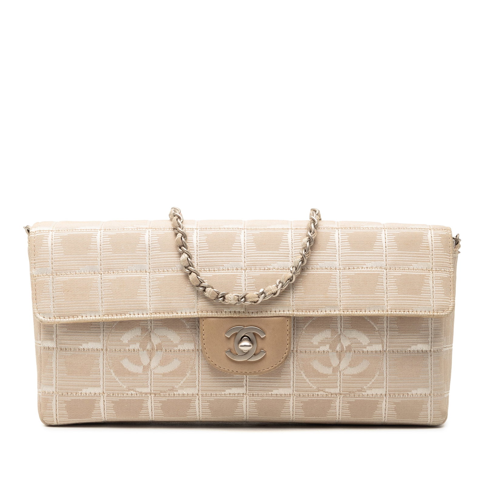 Chanel New Travel Line East West Flap Nylon Shoulder Bag: Chanel New Travel Line East West Flap Nylon Shoulder Bag This Chanel New Travel Line Nylon East West Flap shoulder bag features a beige nylon body with a woven chain strap, a front flap adorned with i