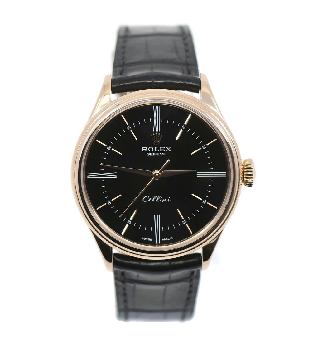 Rolex Cellini 50505 18K Rose Gold Automatic Watch with Box and Papers: Rolex Cellini 50505 18K Rose Gold Automatic Watch with Box and Papers This Rolex Cellini wristwatch features a 39 mm case crafted from 18K rose gold and is paired with a black leather band. The watch 