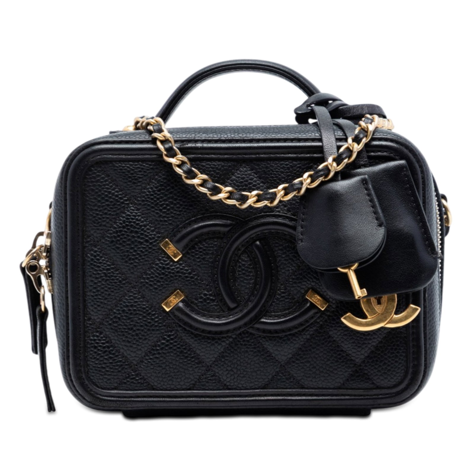 Chanel black caviar vanity case with chain strap: Chanel black caviar vanity case with chain strap This Chanel Small Caviar CC Filigree Vanity Case is crafted from quilted caviar leather in black and features a flat leather top handle, a leather wove
