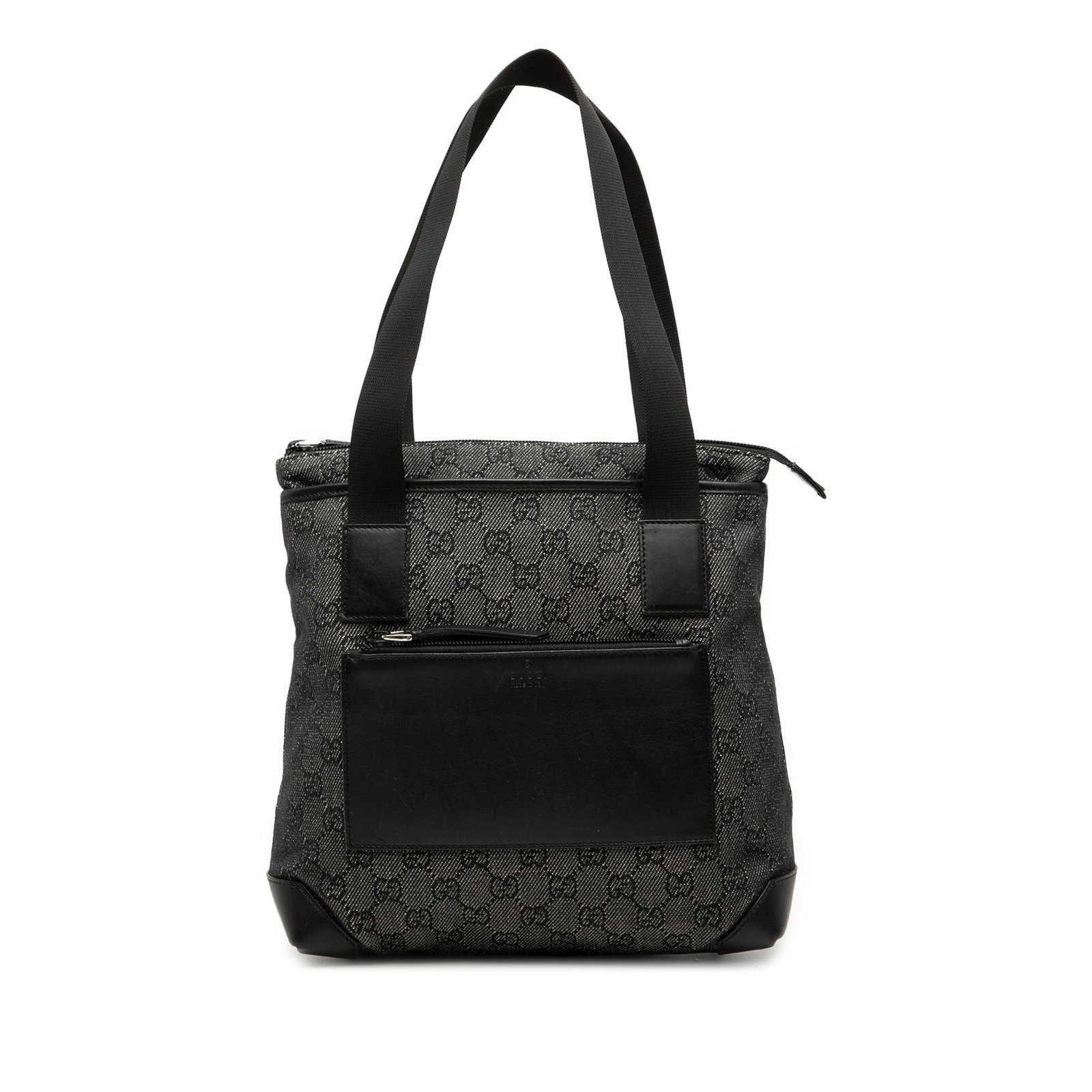 Denim Tote Bag with Leather Trim by Gucci GG Collection: Denim Tote Bag with Leather Trim by Gucci GG Collection This Gucci GG Denim Tote features a denim body with leather trim, flat leather straps, a top zip closure, exterior zip and slip pockets, and an 