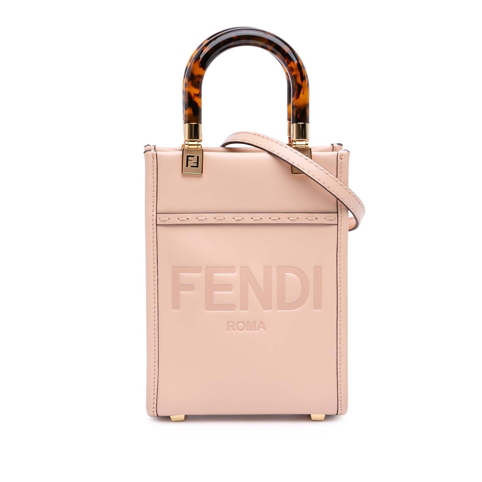 Fendi Mini Sunshine Shopper Pink Leather Tote with Acrylic Handles: Fendi Mini Sunshine Shopper Pink Leather Tote with Acrylic Handles This Fendi Mini Leather Sunshine Shopper Tote features a leather body in pink, rolled acrylic top handles, a detachable flat leather 