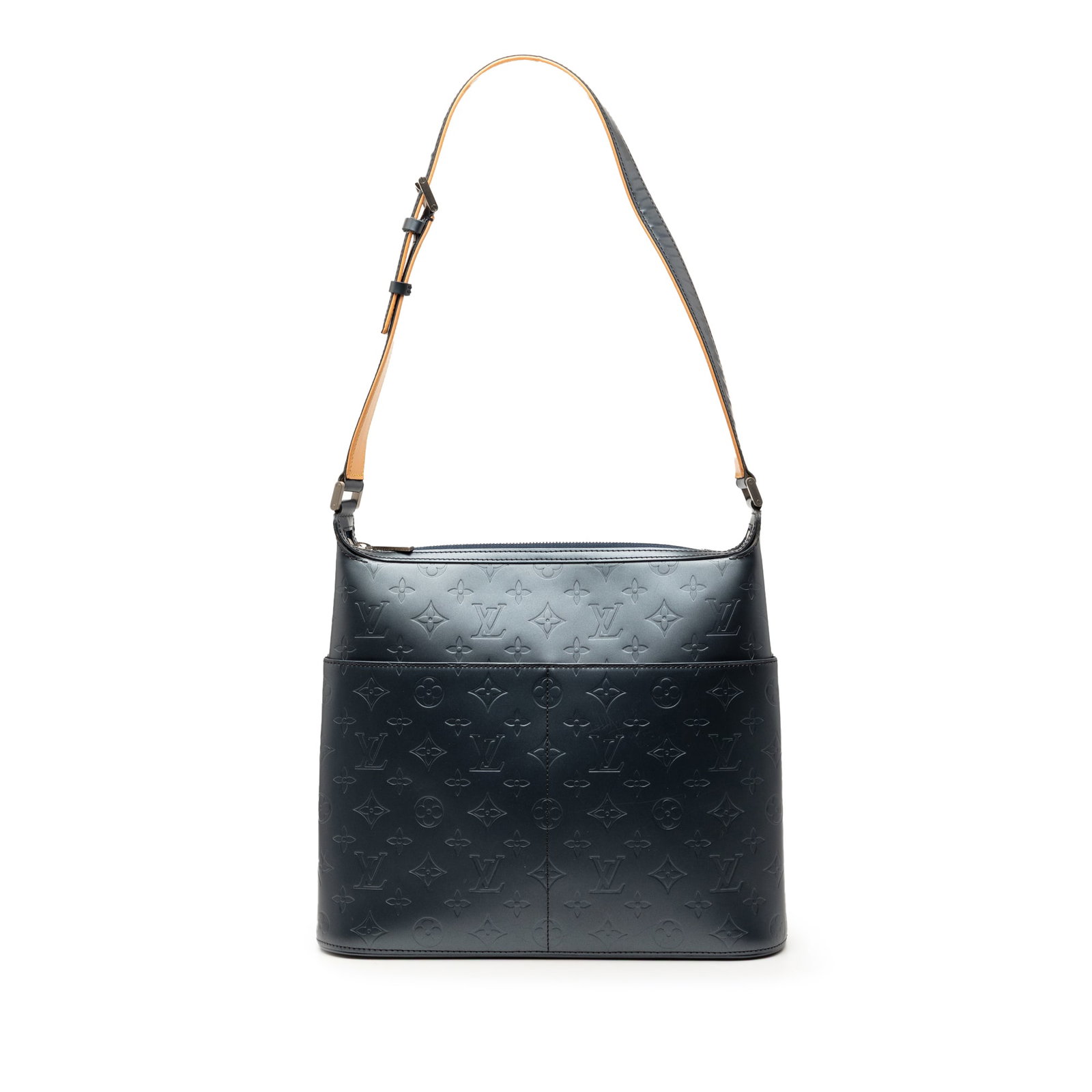 Louis Vuitton Sutter Blue Leather Shoulder Bag with Monogram Mat Pattern: Louis Vuitton Sutter Blue Leather Shoulder Bag with Monogram Mat Pattern This Louis Vuitton Monogram Mat Sutter bag features a monogram mat leather body in blue, a flat shoulder strap, a top zip closu