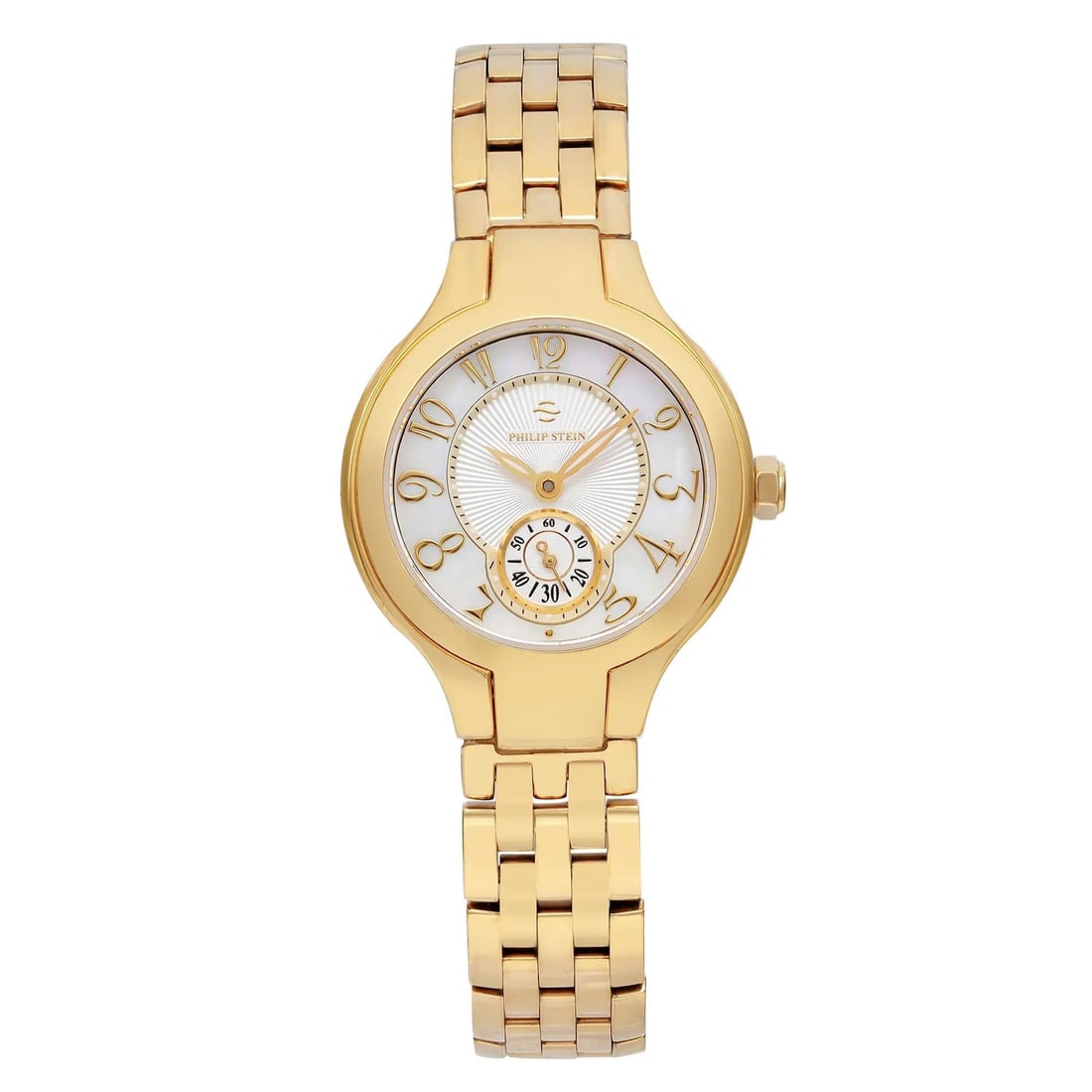 Philip Stein Signature 28mm Gold-Tone Quartz Watch with Mother of Pearl Dial: Philip Stein Signature 28mm Gold-Tone Quartz Watch with Mother of Pearl Dial This Philip Stein Round Mini wristwatch is a stylish accessory designed for casual wear. Featuring a 28mm round case made o
