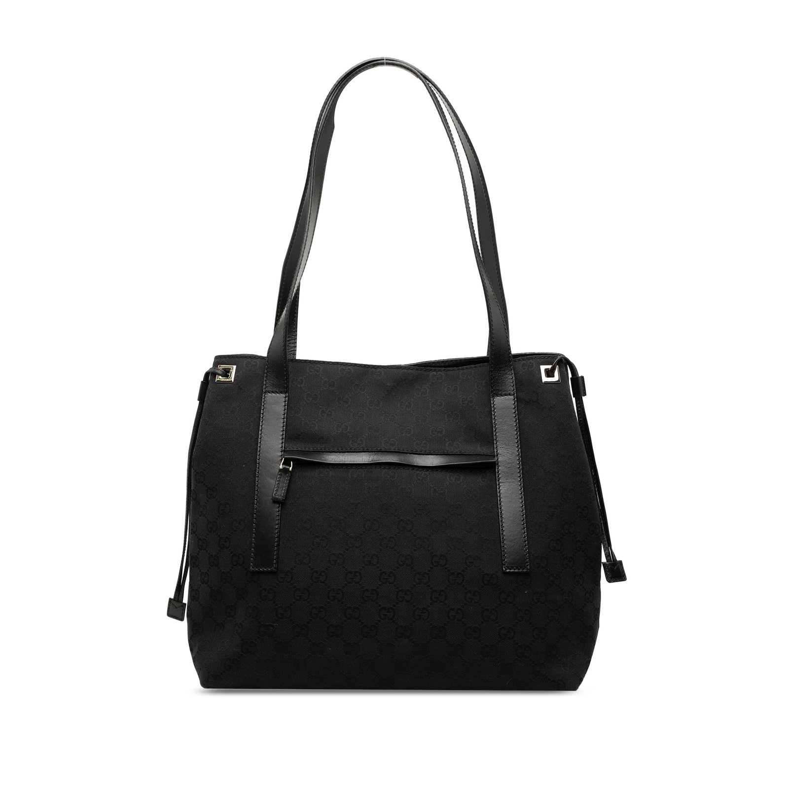 Black GG Canvas Tote Bag by Gucci with Leather Trim: Black GG Canvas Tote Bag by Gucci with Leather Trim This Gucci GG Canvas Tote features a canvas body with leather trim, flat leather straps, a top drawstring and magnetic button closure, an exterior f