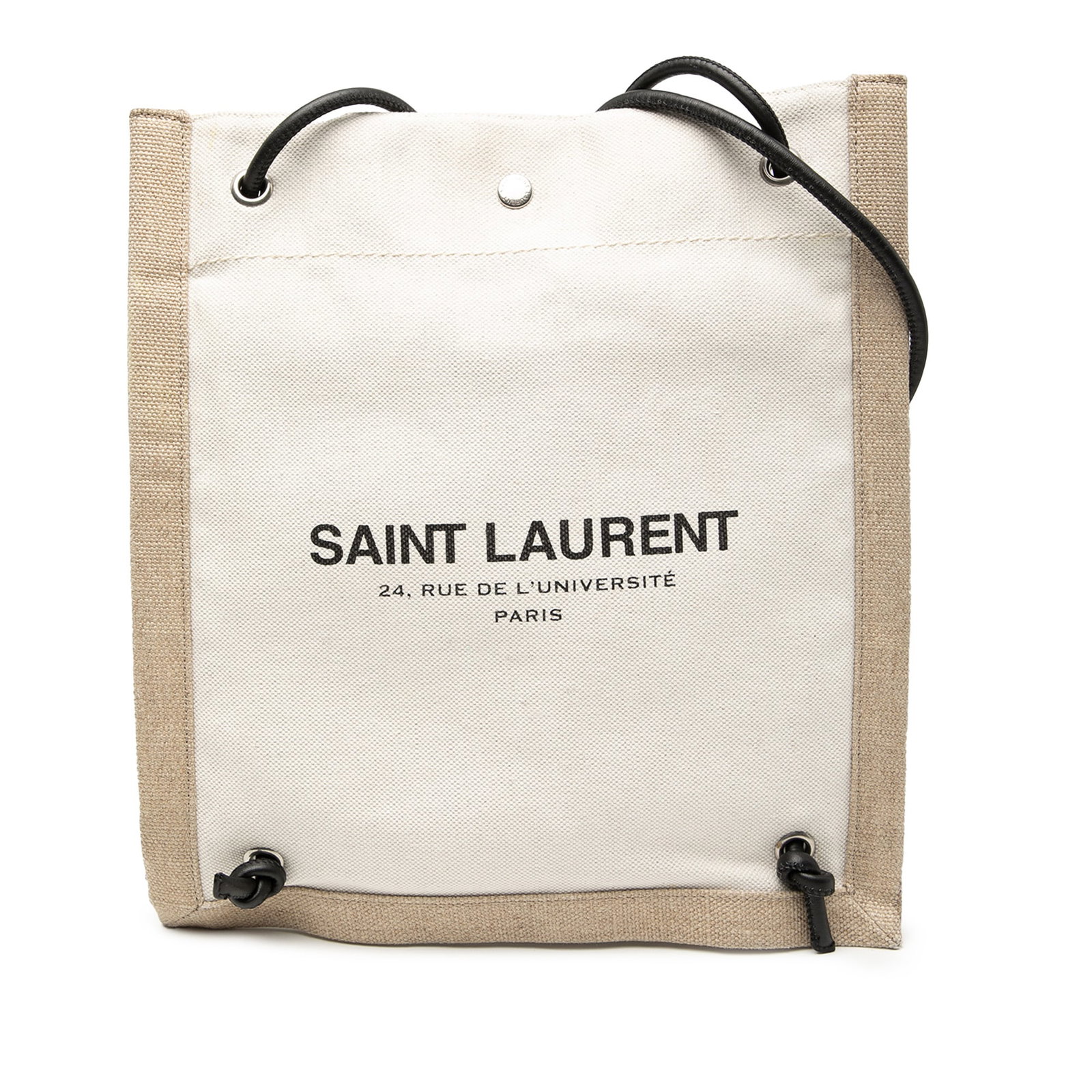 Saint Laurent Universite Flat Convertible Canvas Crossbody Bag Brown: Saint Laurent Universite Flat Convertible Canvas Crossbody Bag Brown This crossbody bag from Saint Laurent features a canvas body with rolled leather straps, an open top secured by a snap button closu
