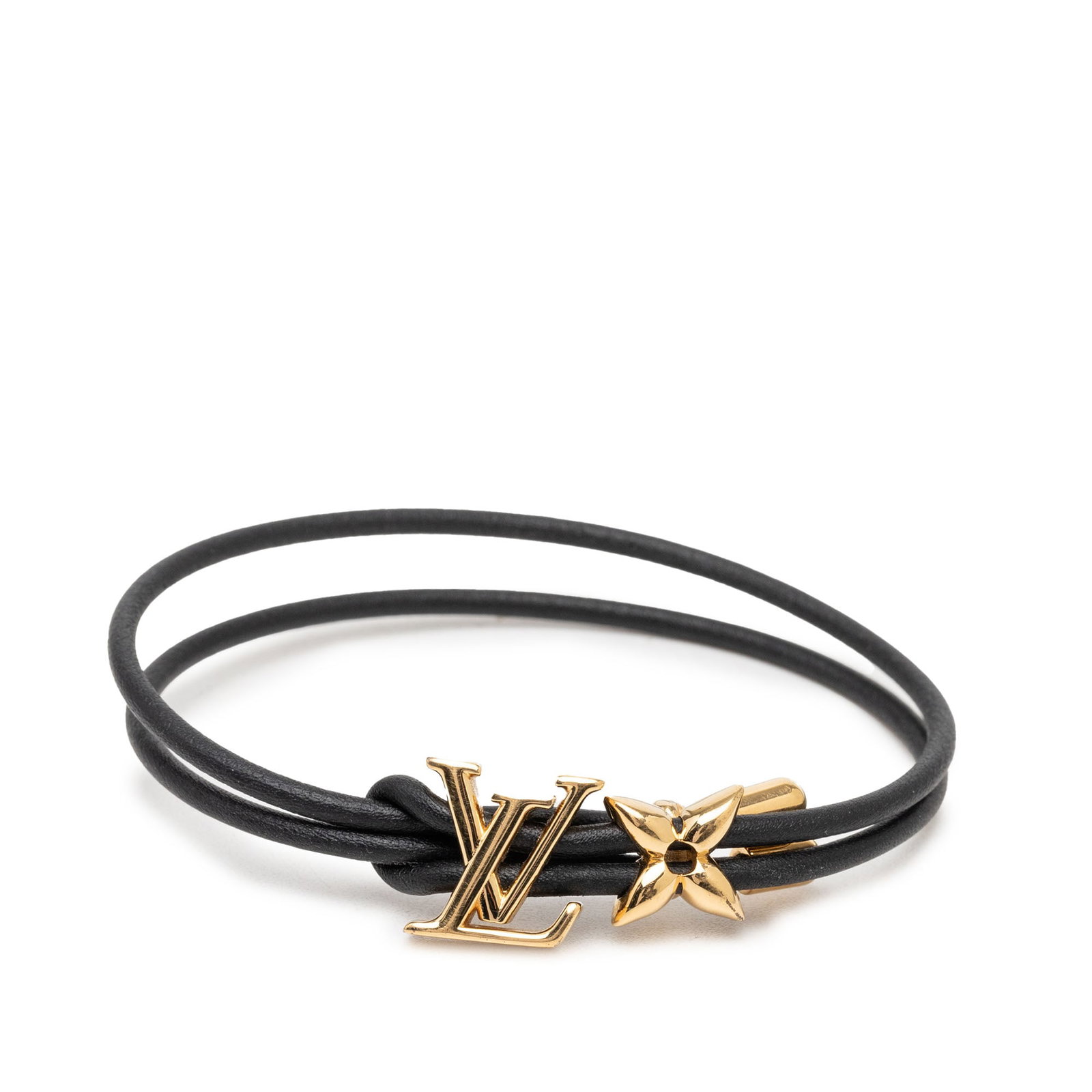 Louis Vuitton Black Leather Bloom Bracelet Gold Tone Hardware: Louis Vuitton Black Leather Bloom Bracelet Gold Tone Hardware This Louis Vuitton LV Bloom Bracelet is crafted with a black leather strap and gold-tone hardware. The bracelet is categorized as costume 