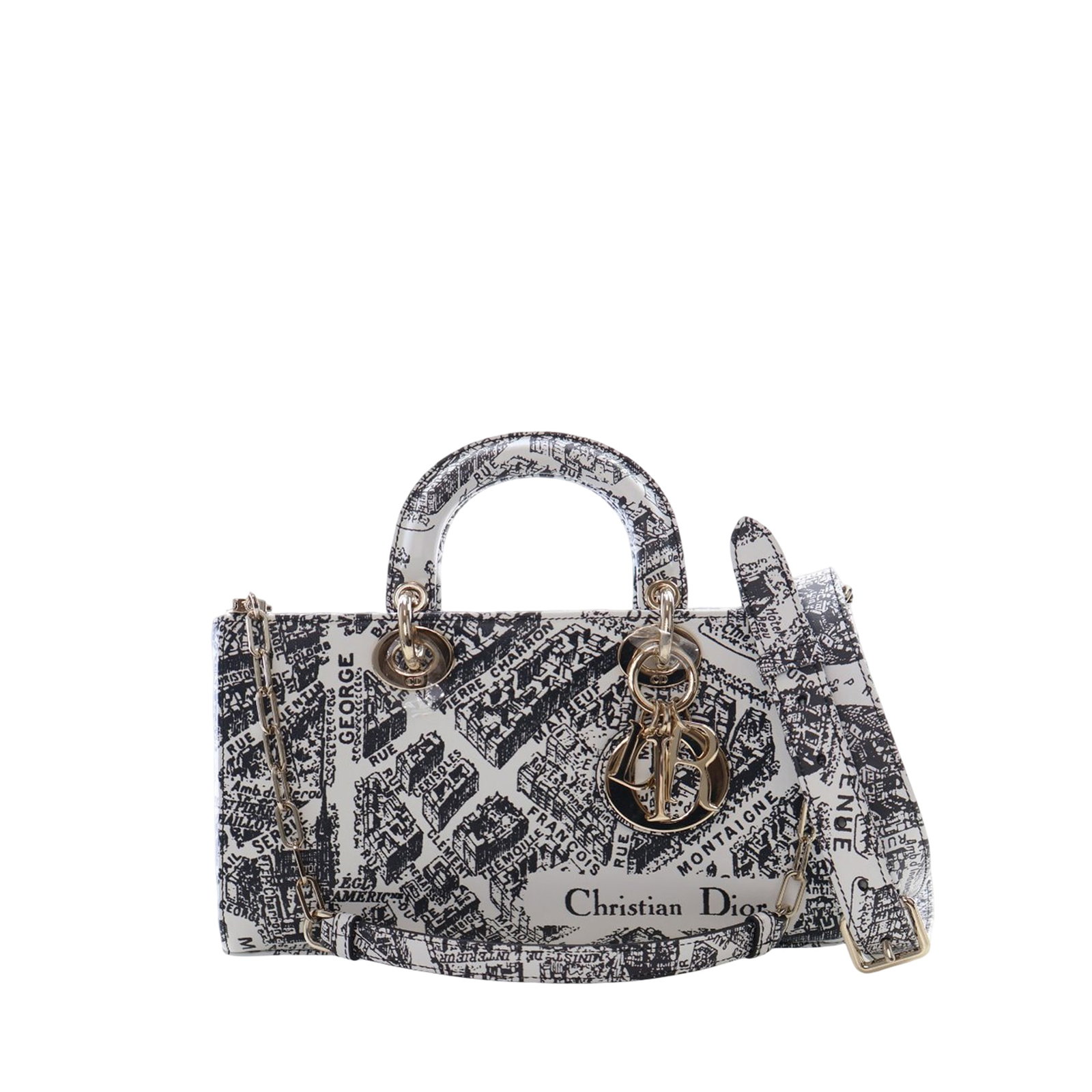 Dior Lady D Joy White Calfskin Printed Bag: Dior Lady D Joy White Calfskin Printed Bag This Dior Medium Calfskin Plan De Paris Printed Lady D Joy bag features a printed leather body in white, complemented by flat leather top handles and a detac