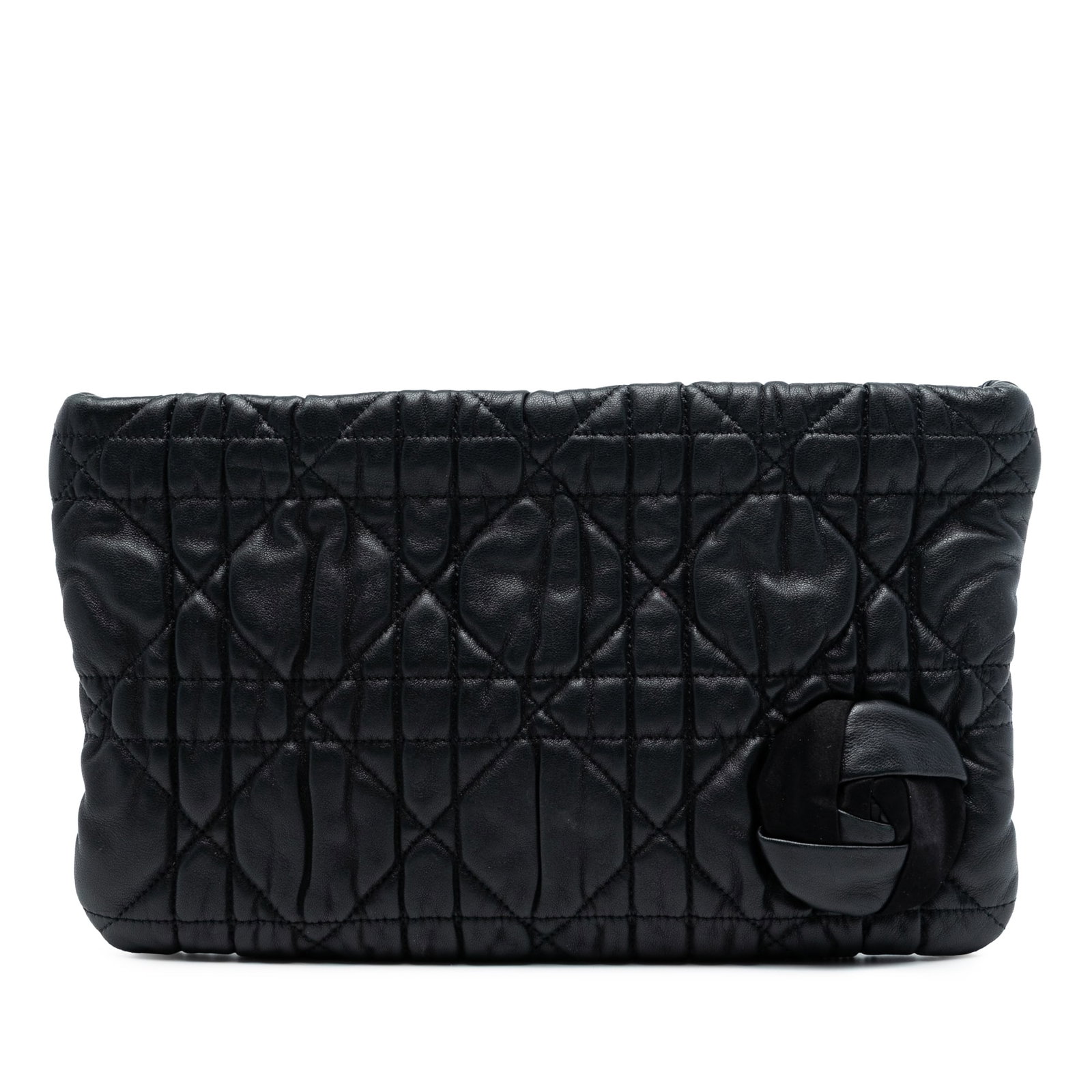 Calfskin Leather Clutch with Rose Applique Cannage Pattern by Dior: Calfskin Leather Clutch with Rose Applique Cannage Pattern by Dior This Dior Calfskin Cannage Rose Clutch features a quilted leather body adorned with rose applique, a top zip closure, and an interior