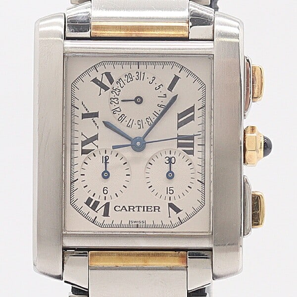 Cartier Tank Francaise Quartz Chronograph Men's White Dial Watch: Cartier Tank Francaise Quartz Chronograph Men's White Dial Watch This is a Cartier Tank Francaise W51004Q4 quartz chronograph wristwatch designed for men. It features a white dial and is crafted in Sw