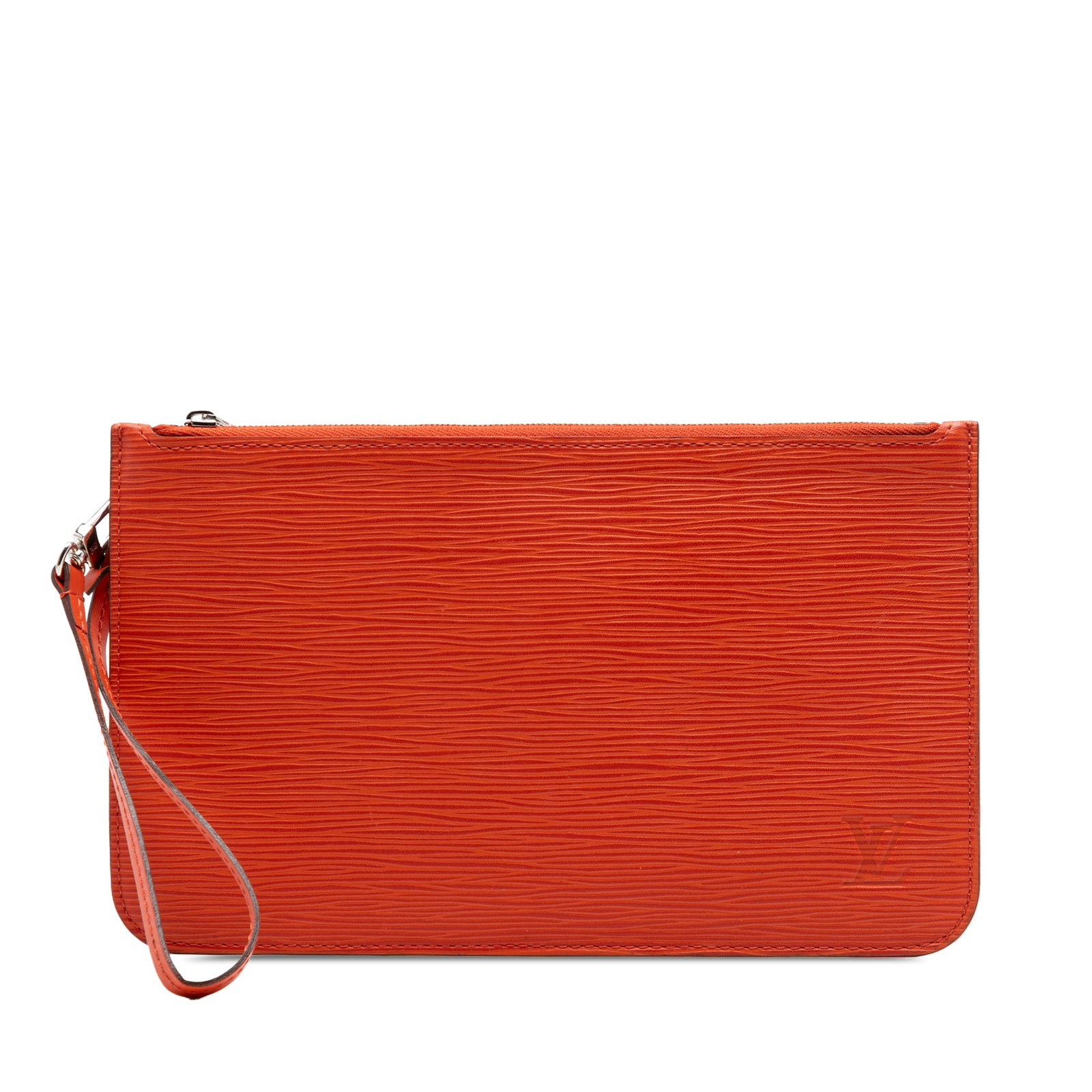 Louis Vuitton Orange Epi Leather Wristlet Pouch: Louis Vuitton Orange Epi Leather Wristlet Pouch This Louis Vuitton Epi Neverfull Pouch is crafted from orange epi leather and features a flat wrist strap, a top zip closure, and an interior slip pocke