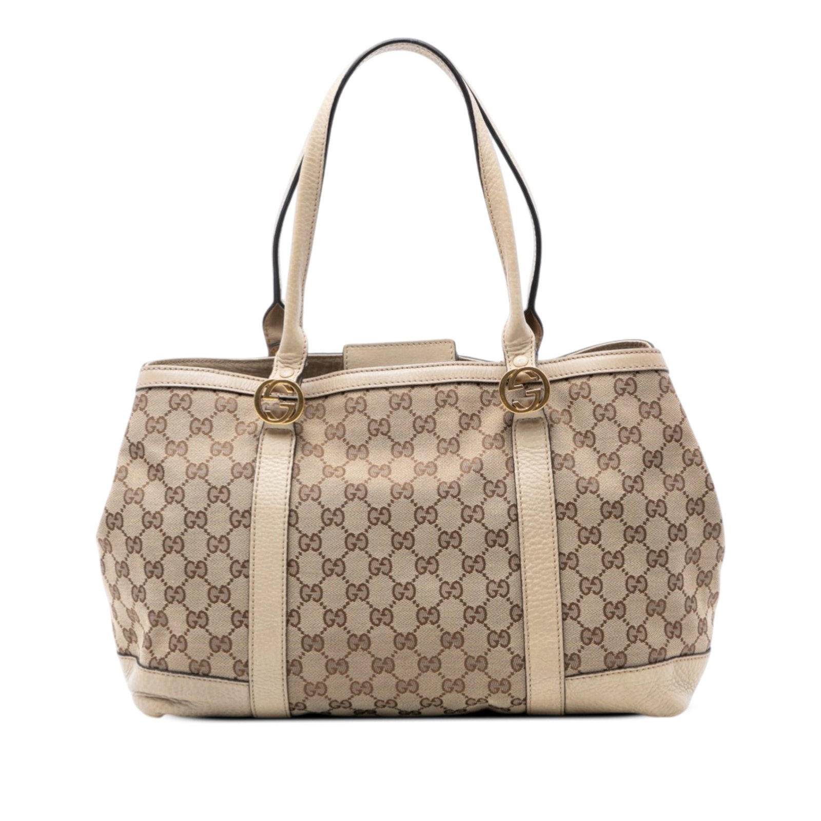 Gucci Miss GG Beige Canvas Tote with Leather Trim: Gucci Miss GG Beige Canvas Tote with Leather Trim This Gucci GG Canvas Miss GG Tote features a beige canvas body with leather trim, rolled leather handles, an open top with magnetic snap closure, and 