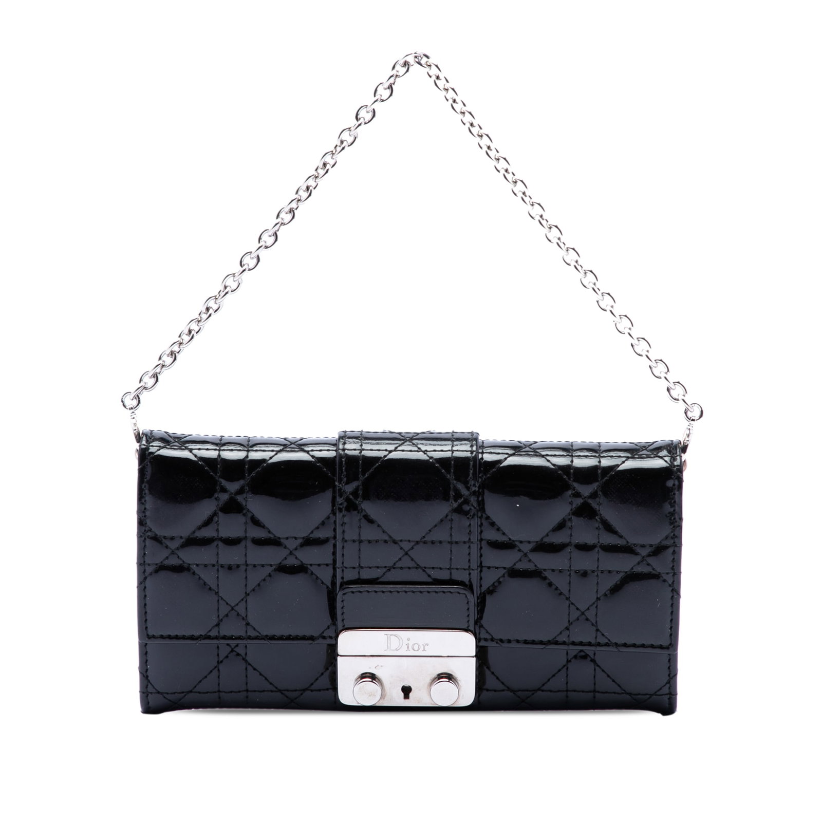 Dior Miss Dior Patent Cannage chain wallet black leather: Dior Miss Dior Patent Cannage chain wallet black leather This Miss Dior wallet on chain showcases a quilted leather exterior in black with a patent Cannage pattern. It features a detachable chain link