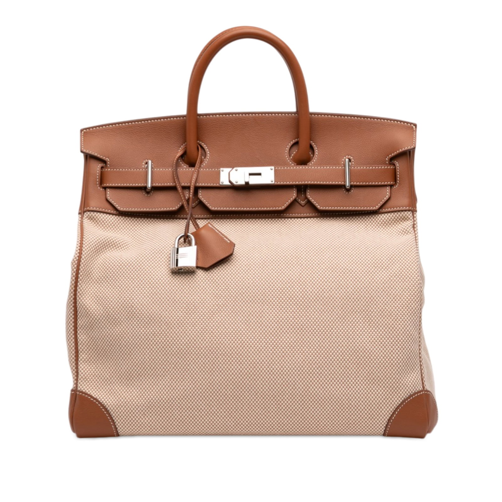 Hermes HAC Birkin 40 Toile Criss Viking Evercolor Beige Bag: Hermes HAC Birkin 40 Toile Criss Viking Evercolor Beige Bag This Hermes Toile Criss Viking and Evercolor HAC Birkin 40 features a canvas body with leather trim, rolled leather top handles, and a front