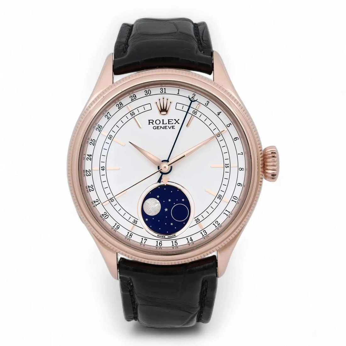 Rolex Cellini Moonphase 18K Rose Gold Automatic Luxury Watch 50535: Rolex Cellini Moonphase 18K Rose Gold Automatic Luxury Watch 50535 Experience luxury with the Rolex Cellini Moonphase, an exquisite men's automatic watch crafted from 18K rose gold. This elegant timep