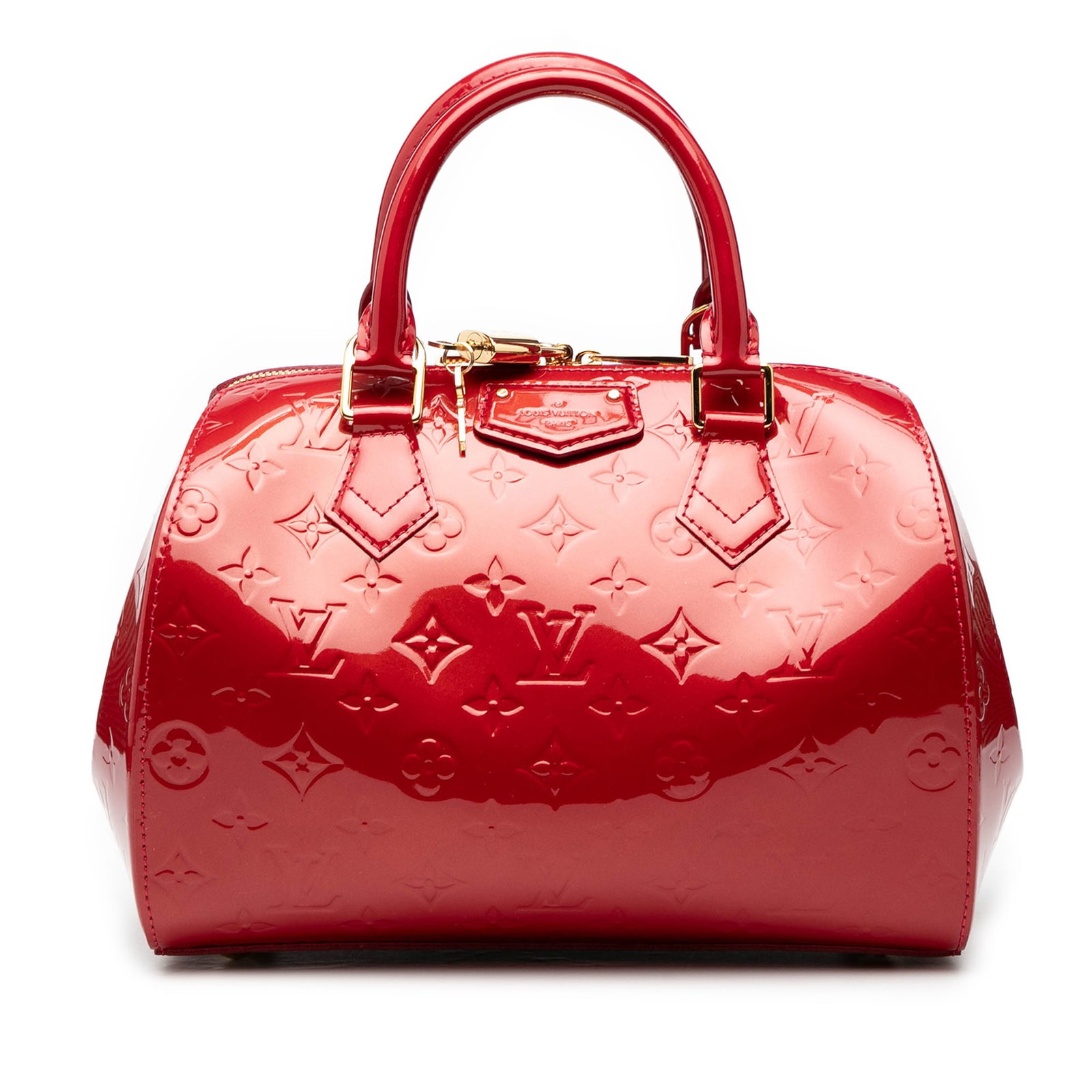 Red Vernis Leather Montana Bag by Louis Vuitton with Dust Bag and Box: Red Vernis Leather Montana Bag by Louis Vuitton with Dust Bag and Box This Louis Vuitton Monogram Vernis Montana bag features a monogram vernis leather body, rolled leather handles, a two-way top zip 