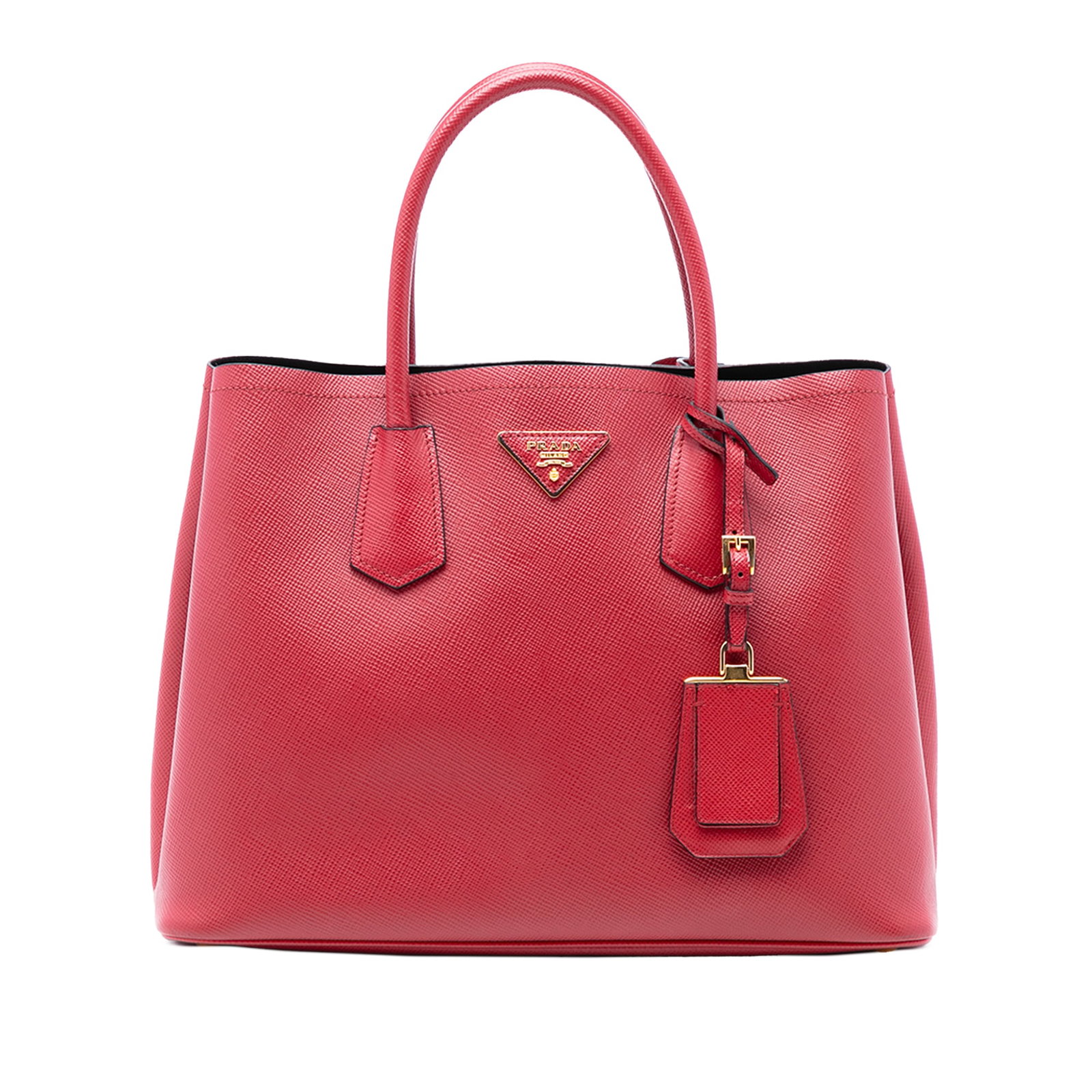 Red Leather Medium Double Satchel by Prada with Saffiano Finish: Red Leather Medium Double Satchel by Prada with Saffiano Finish This Prada Medium Saffiano Cuir Double Satchel showcases a red saffiano leather body with rolled leather handles, an open top, and an in