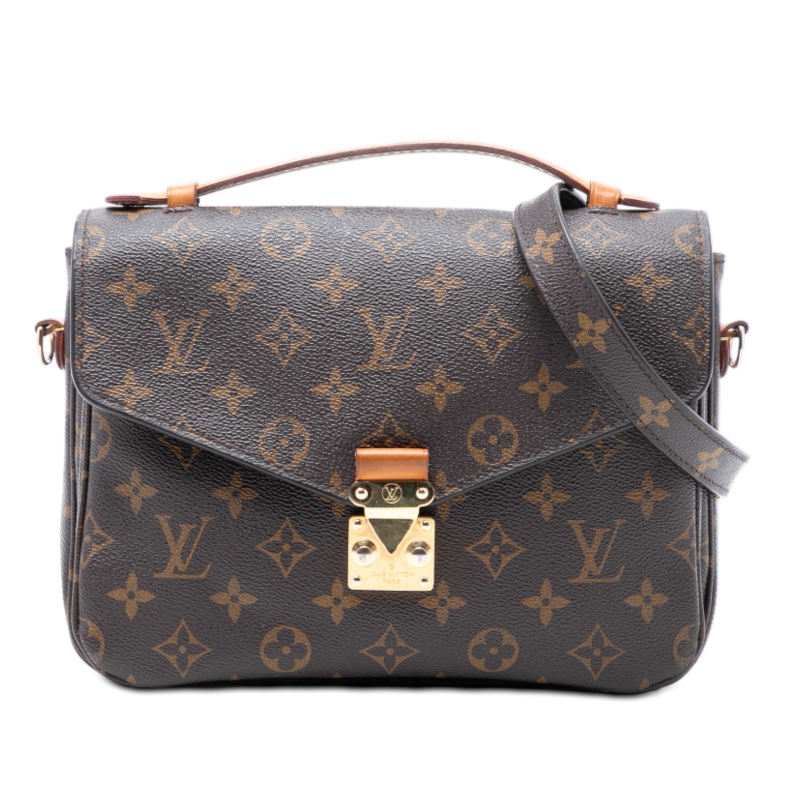 Louis Vuitton Pochette Metis Shoulder Bag in Monogram Canvas with S-Lock: Louis Vuitton Pochette Metis Shoulder Bag in Monogram Canvas with S-Lock The Louis Vuitton Monogram Pochette Metis features a monogram canvas body with a flat vachetta leather top handle and a detacha