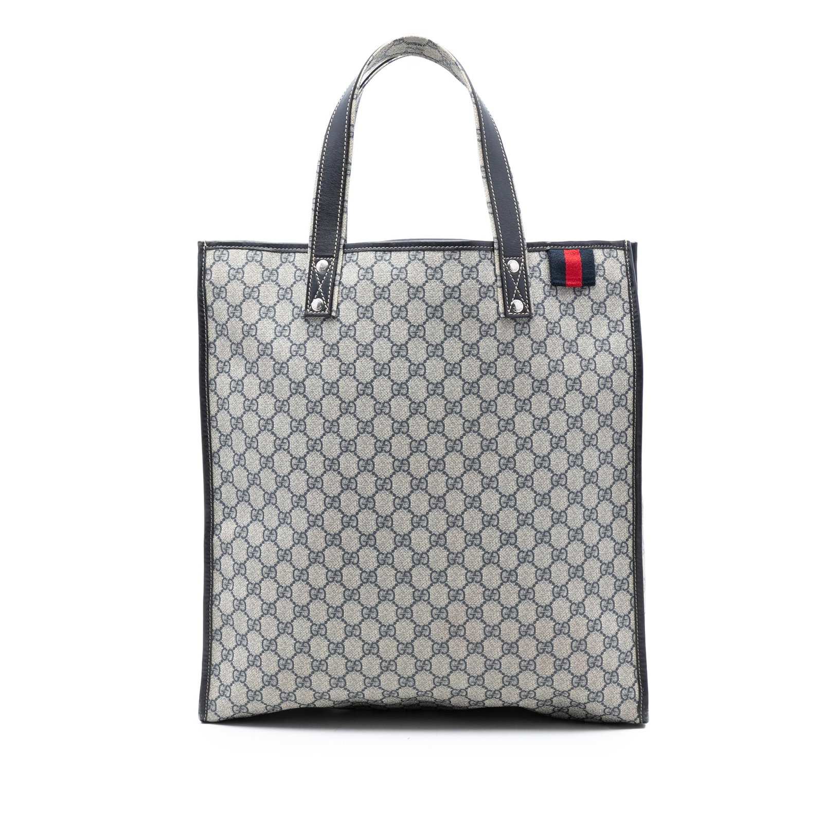 Beige GG Supreme Web Tote Bag by Gucci with Leather Trim: Beige GG Supreme Web Tote Bag by Gucci with Leather Trim This Gucci GG Supreme Web Tote features a coated canvas body with leather trim, flat leather handles, an open top, and an interior slip pocket.