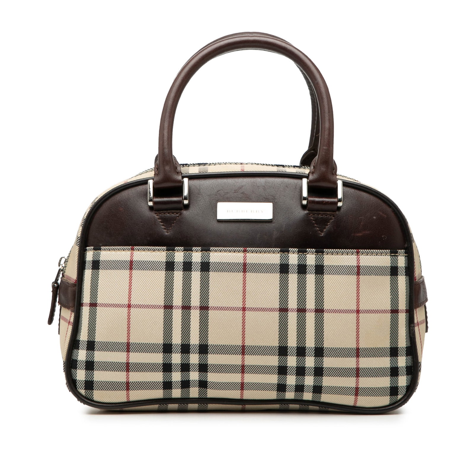 Plaid Canvas Tote with Leather Trim by Burberry House Check: Plaid Canvas Tote with Leather Trim by Burberry House Check This Burberry House Check Canvas Handbag features the brand's signature plaid canvas body accented with leather trim. It is designed with ro