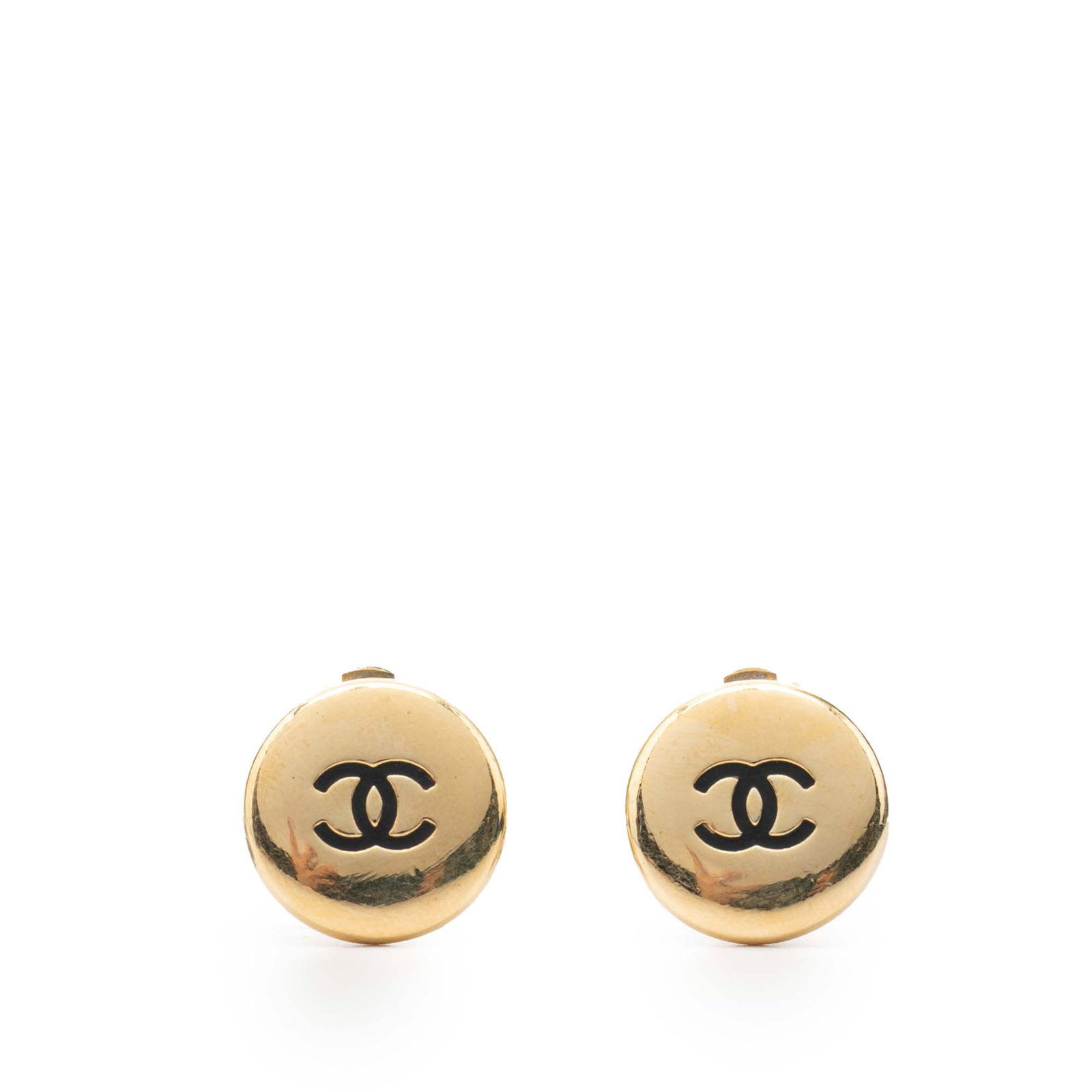 Chanel CC Logo Gold Plated Clip Earrings: Chanel CC Logo Gold Plated Clip Earrings These Chanel clip-on earrings feature the iconic CC button design with a gold-plated metal finish. Made in France, they offer a classic costume jewelry style a