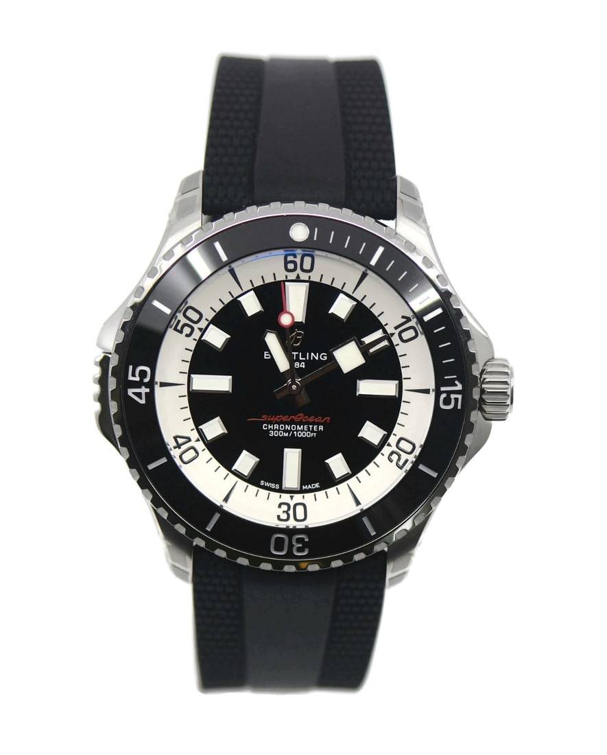 Breitling Superocean 46mm Automatic Black Dial Rubber Strap: Breitling Superocean 46mm Automatic Black Dial Rubber Strap This Breitling Superocean 46 wristwatch features a 46mm stainless steel case and a black analog dial. It is powered by a mechanical automati