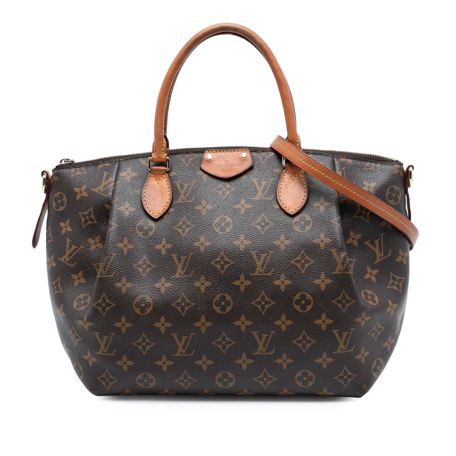 Louis Vuitton Turenne MM Brown Monogram Canvas Shoulder Bag with Leather Trim: Louis Vuitton Turenne MM Brown Monogram Canvas Shoulder Bag with Leather Trim The Louis Vuitton Monogram Turenne MM features a monogram canvas body with vachetta leather trim, rolled leather handles, 