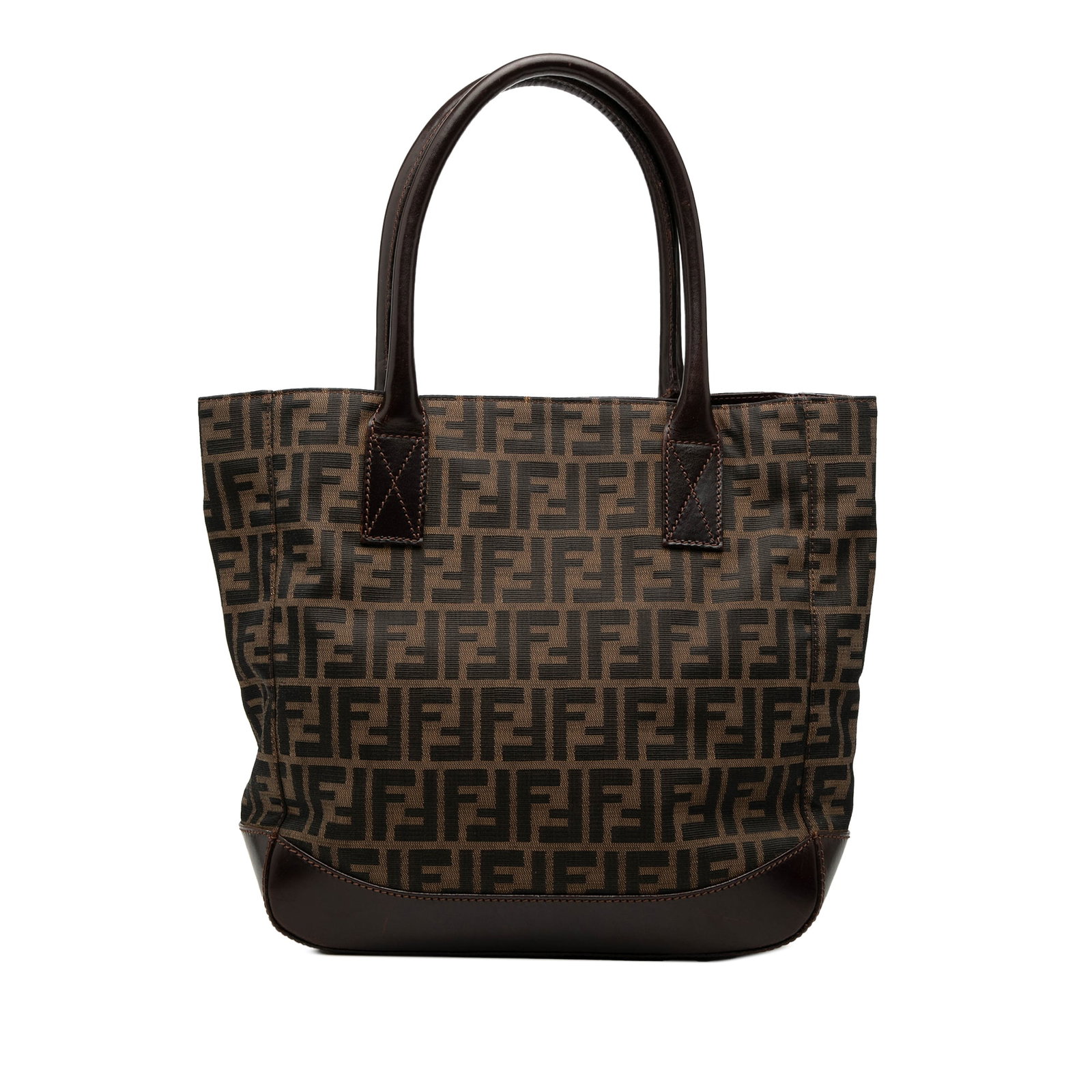 Fendi Zucca canvas leather trim tote bag: Fendi Zucca canvas leather trim tote bag This Fendi Zucca Canvas Tote features a classic canvas body with leather trim and rolled leather straps. The bag has an open top with a magnetic snap closure a