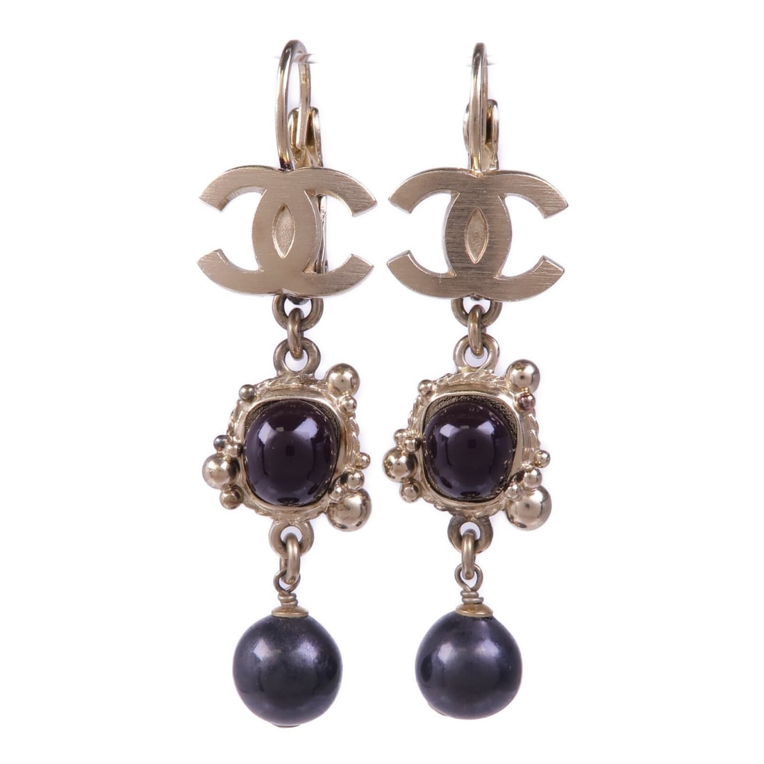 CHANEL Gold Black CC Pierced Earrings: CHANEL Gold Black CC Pierced Earrings These Chanel CC pierced earrings feature a combination of PVC and metal in gold and black tones. Designed for women, they offer a bold and stylish accent to any e