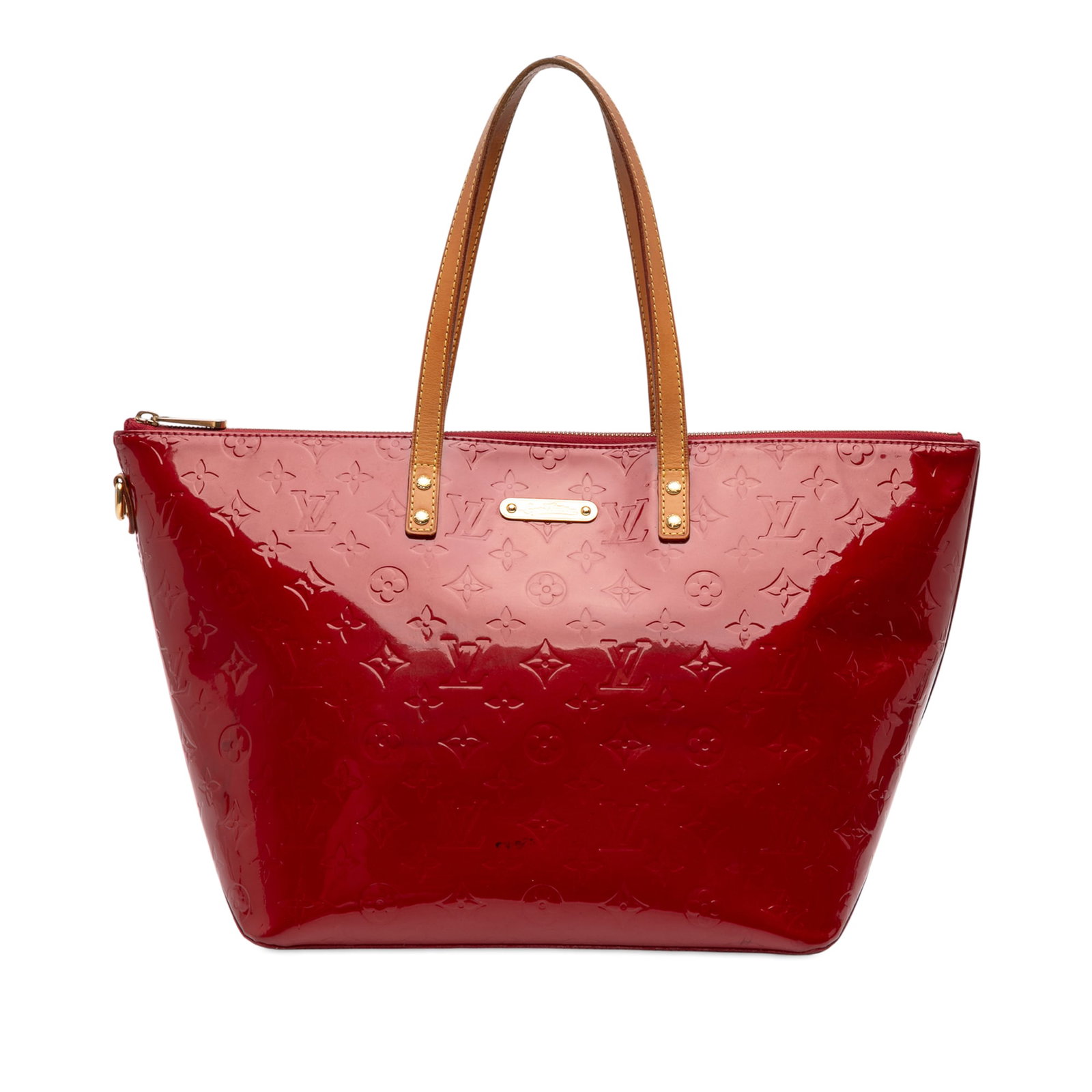 Louis Vuitton Bellevue GM Red Monogram Vernis Leather Tote Bag: Louis Vuitton Bellevue GM Red Monogram Vernis Leather Tote Bag This Louis Vuitton Monogram Vernis Bellevue GM bag features a monogram vernis leather body in red, flat vachetta leather straps, a top zi
