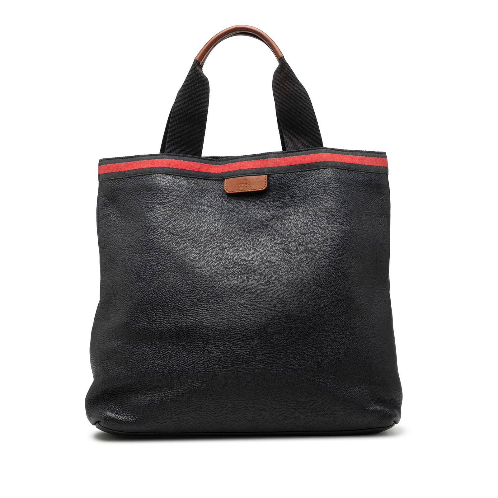Gucci Calfskin Web Black Tote Bag: Gucci Calfskin Web Black Tote Bag This Gucci Calfskin Web Tote is crafted from black leather and features flat canvas straps with leather trim. The tote has an open top secured with a lobster claw clo