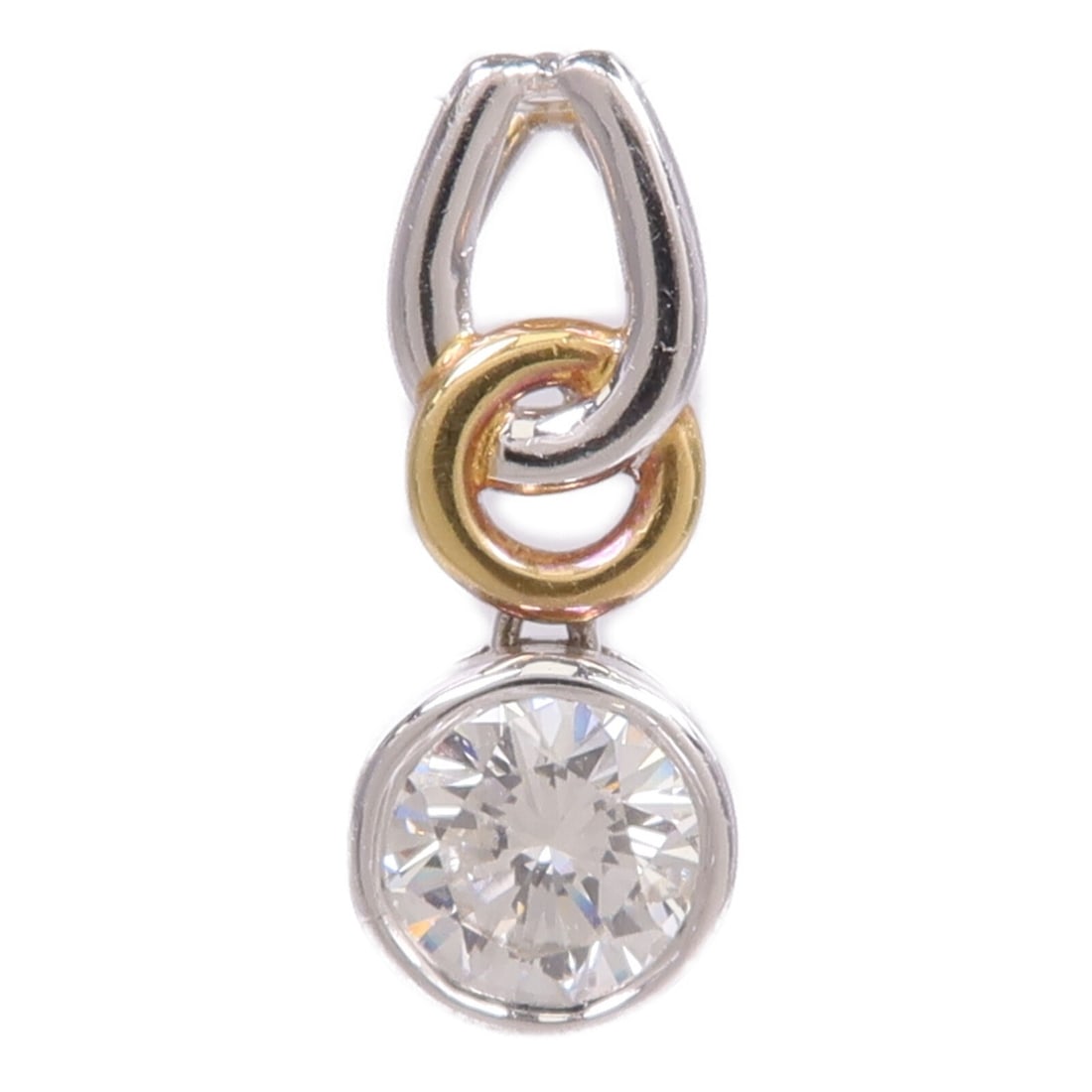 Diamond Pendant Top in 18K Yellow Gold by JEWELRY: Diamond Pendant Top in 18K Yellow Gold by JEWELRY This diamond pendant top features a sophisticated design crafted in 18K yellow gold with a white gold accent. The main stone is a clear diamond, offer