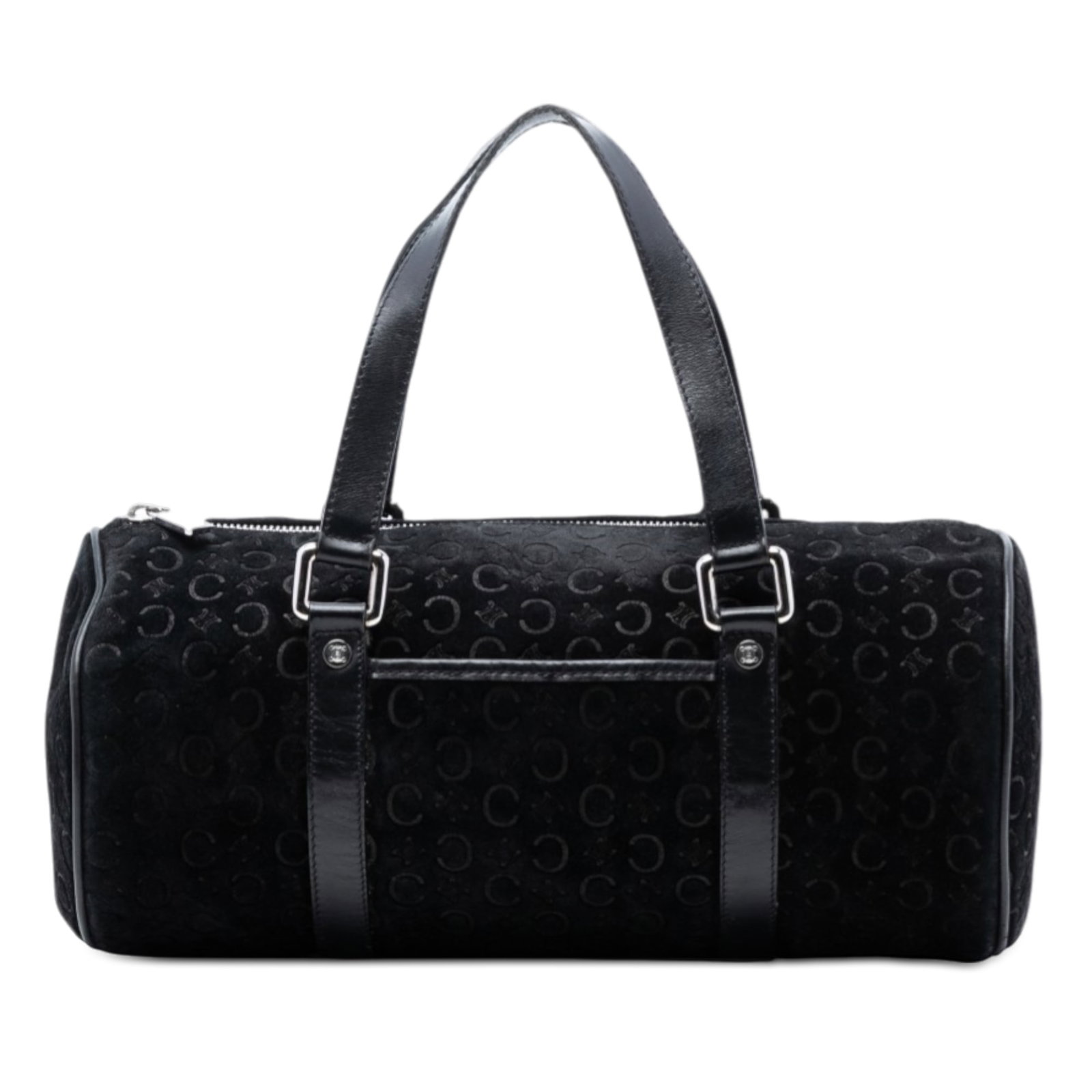Celine black suede tote with leather trim C Macadam: Celine black suede tote with leather trim C Macadam This Celine C Macadam Suede Handbag features a black suede body accented with leather trim and flat leather handles. The design includes a top zip c