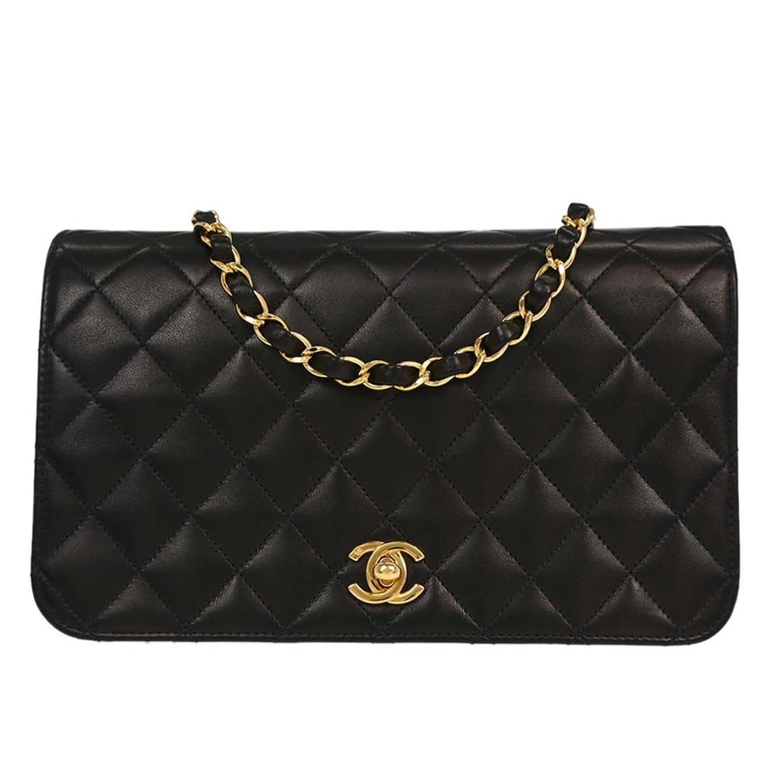 Chanel Single Chain Shoulder Matelasse Black Lambskin Flap Bag: Chanel Single Chain Shoulder Matelasse Black Lambskin Flap Bag This Chanel small full flap shoulder bag is crafted from black lambskin leather with a signature quilted matelasse pattern. It features a